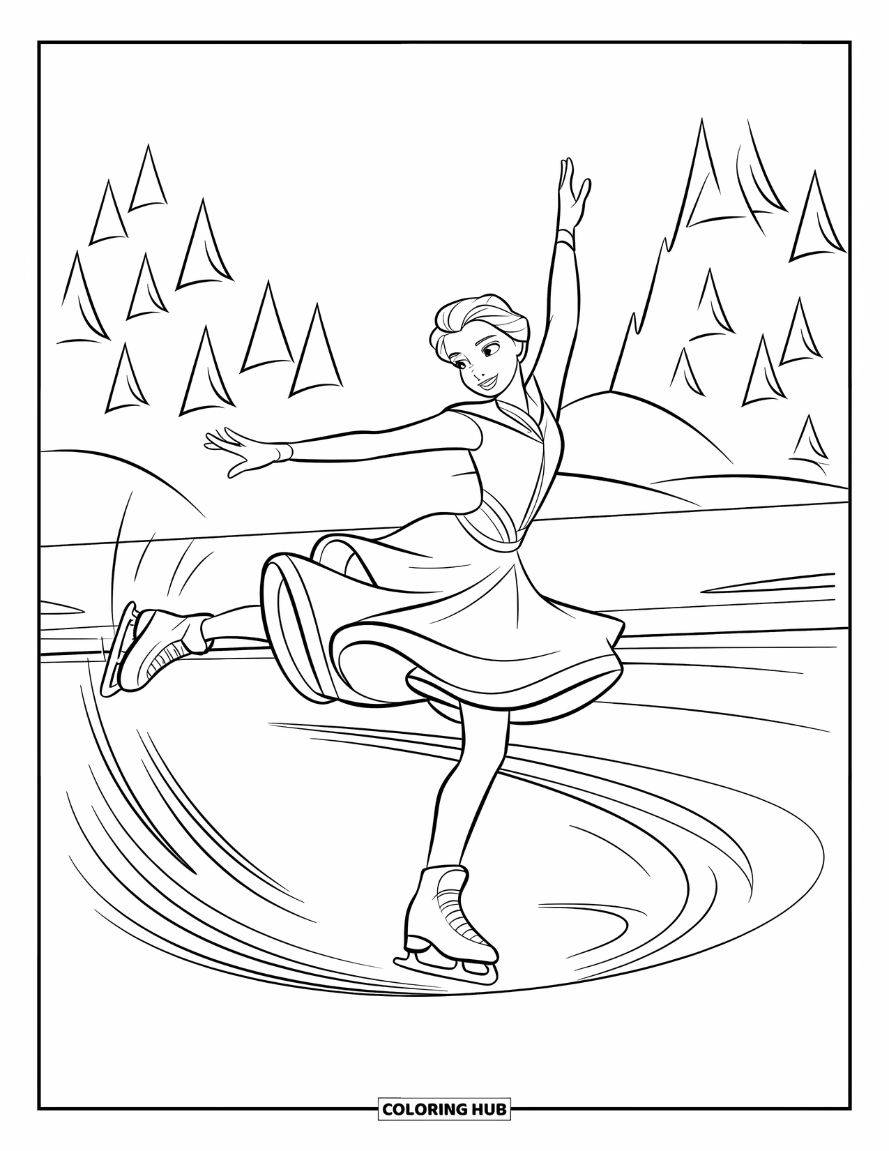 Winter Coloring Page for Kids: A graceful figure skater mid-spin, wearing a flowing winter outfit, gliding across the ice