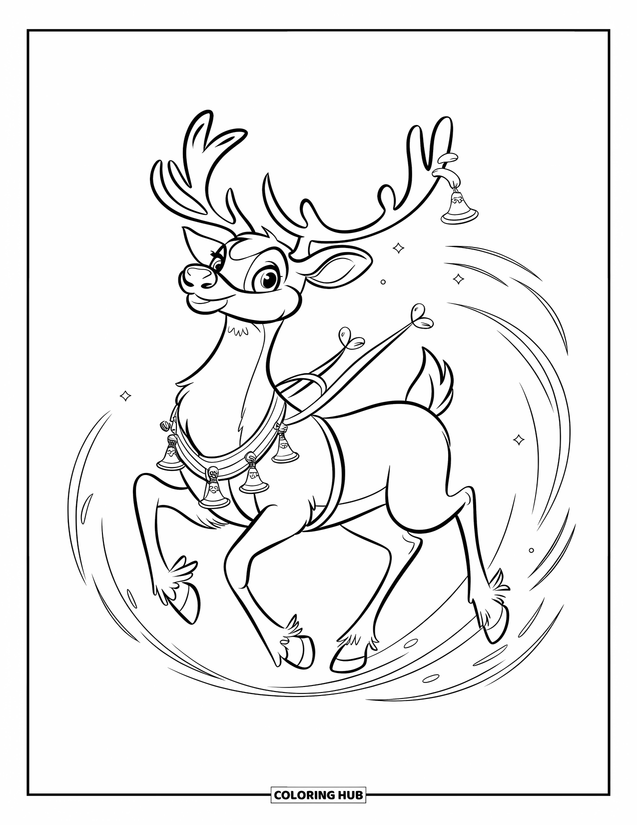 Winter Coloring Page for Kids: A graceful reindeer adorned with a festive harness, leaping through swirling winter winds