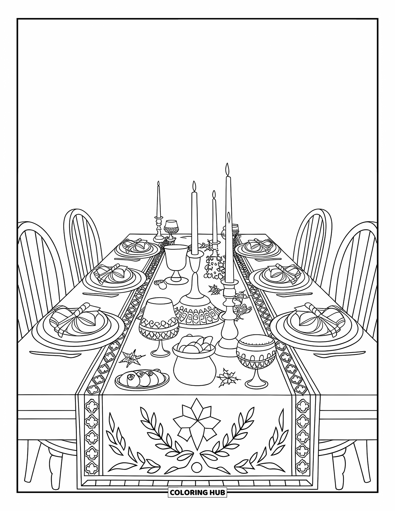 Winter Coloring Page for Kids: A grand holiday feast table with seasonal treats, candles, and an intricate table runner