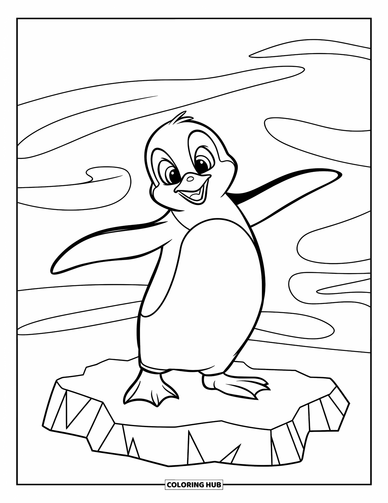 Winter Coloring Page for Kids: A happy penguin standing on an iceberg, spreading its wings against the winter breeze