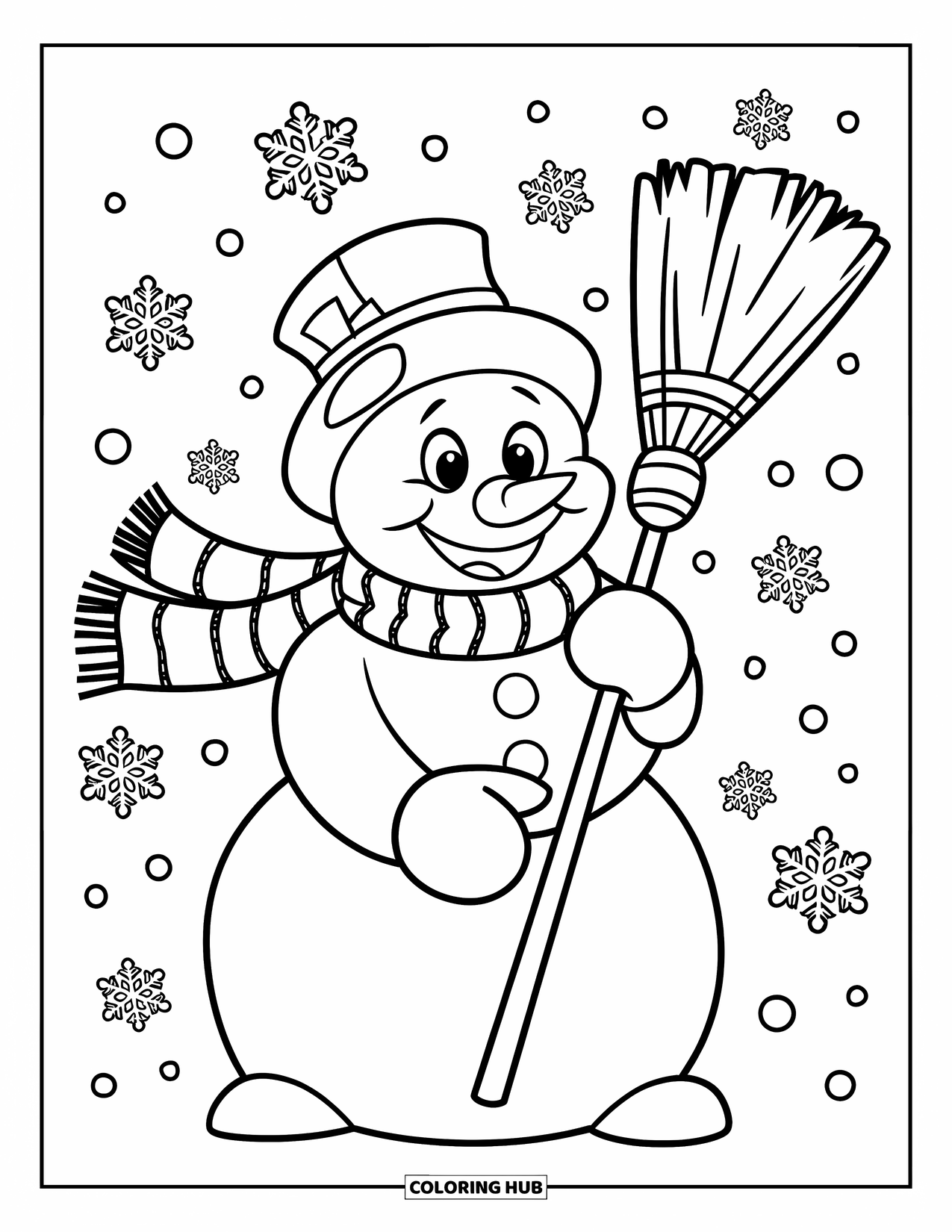 Winter Coloring Page for Kids: A happy snowman in a scarf and tall hat, surrounded by softly falling snowflakes