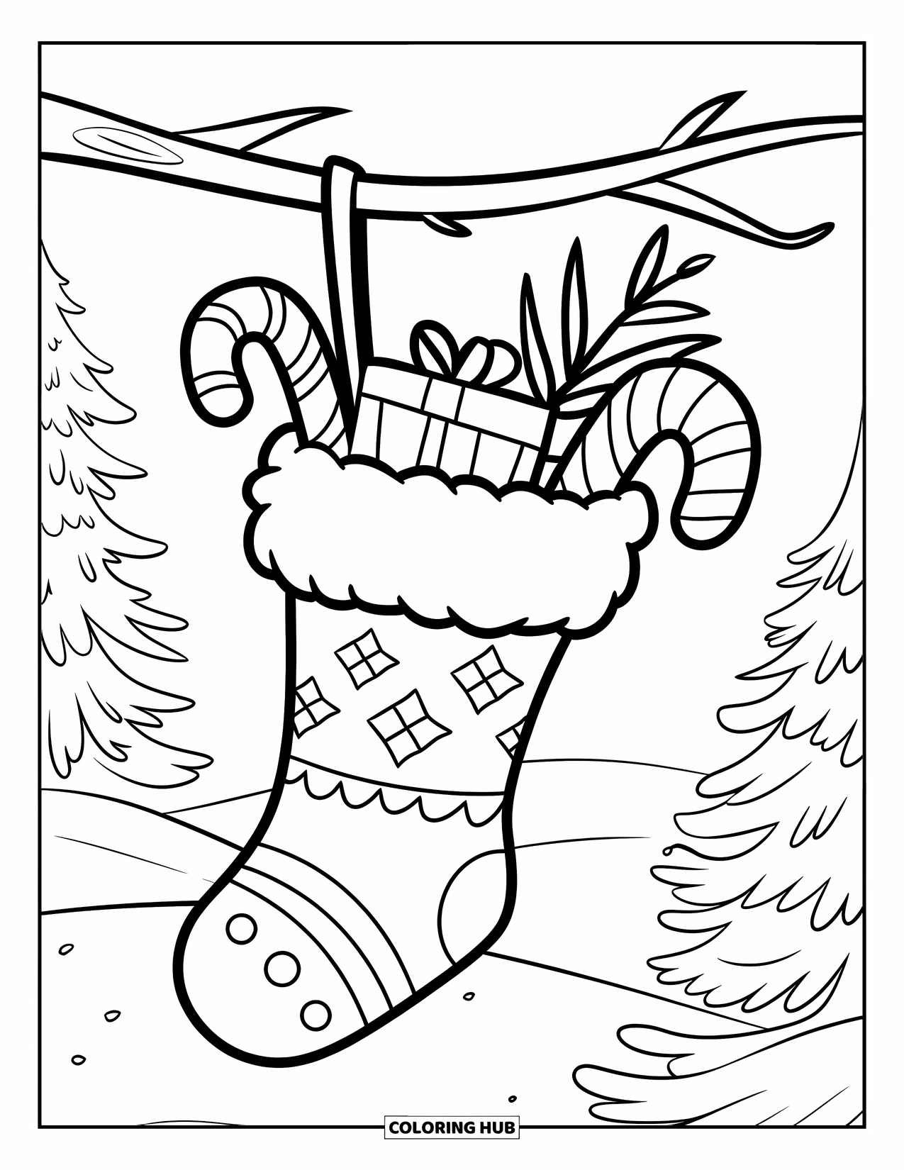 Winter Coloring Page for Kids: A holiday stocking hanging from a branch, filled with candy canes, gifts, and winter greenery