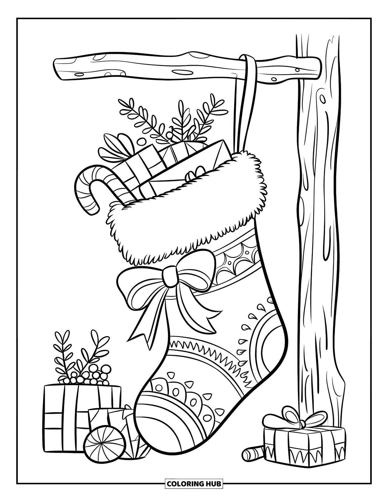 Winter Coloring Page for Kids: A holiday stocking hanging from a wooden pole, filled with candy canes, gifts, and winter greenery