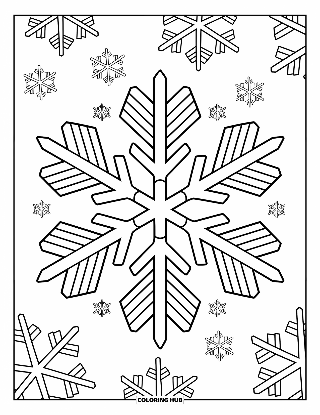 Winter Coloring Page for Kids: A large snowflake with symmetrical patterns, surrounded by smaller floating snowflakes