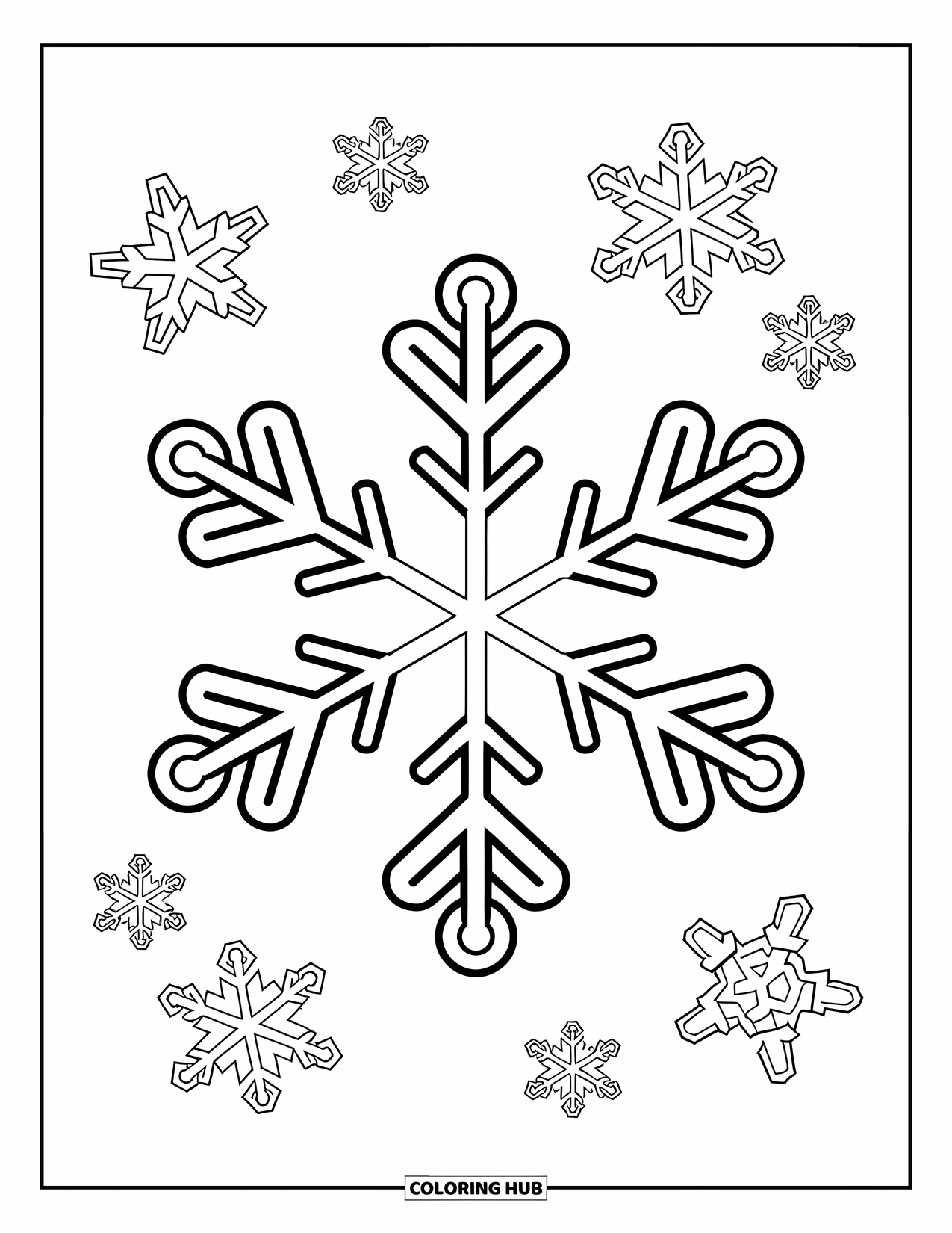 Winter Coloring Page for Kids: A large, symmetrical snowflake with playful patterns, surrounded by smaller drifting snowflakes