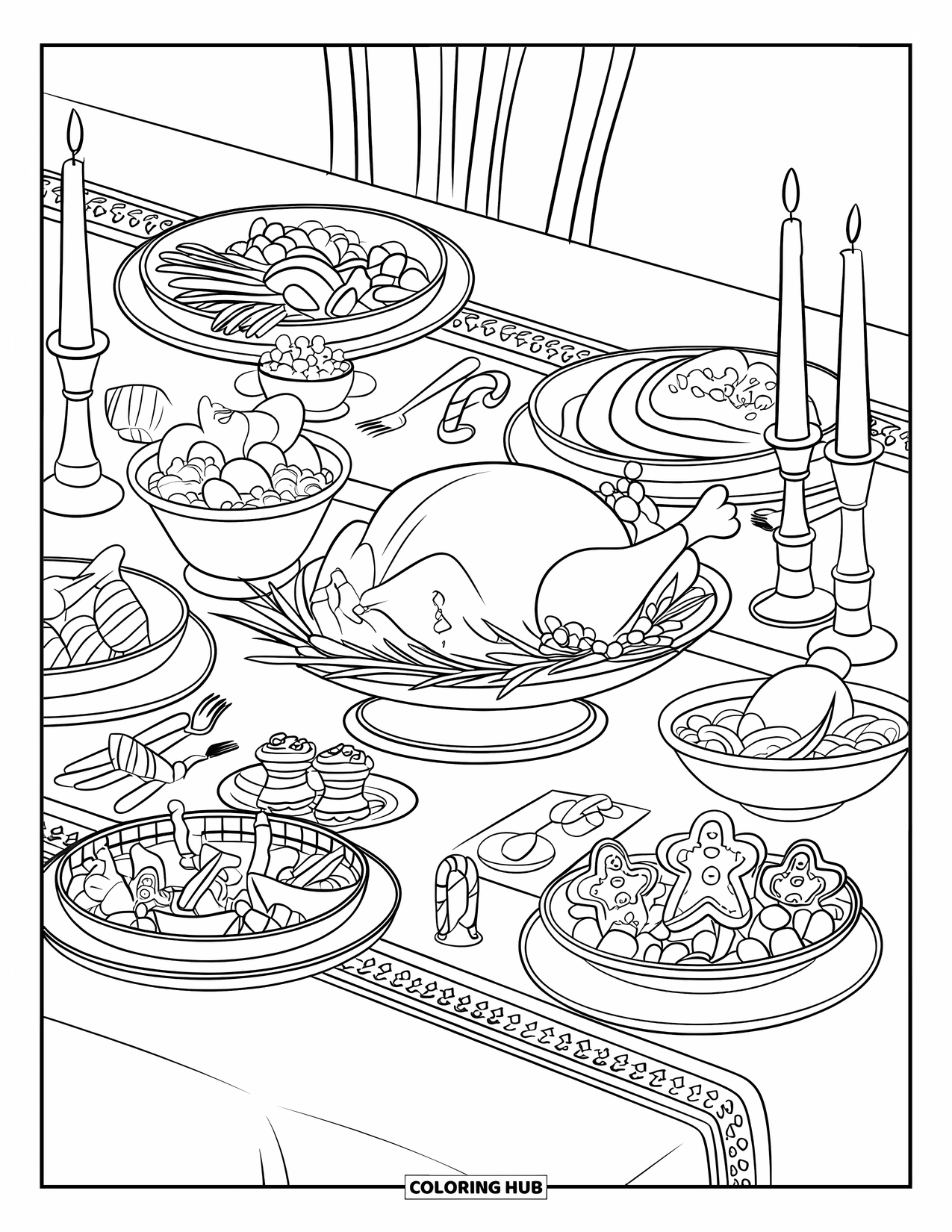 Winter Coloring Page for Kids: A lavish holiday feast table filled with seasonal dishes, festive treats, and glowing candles