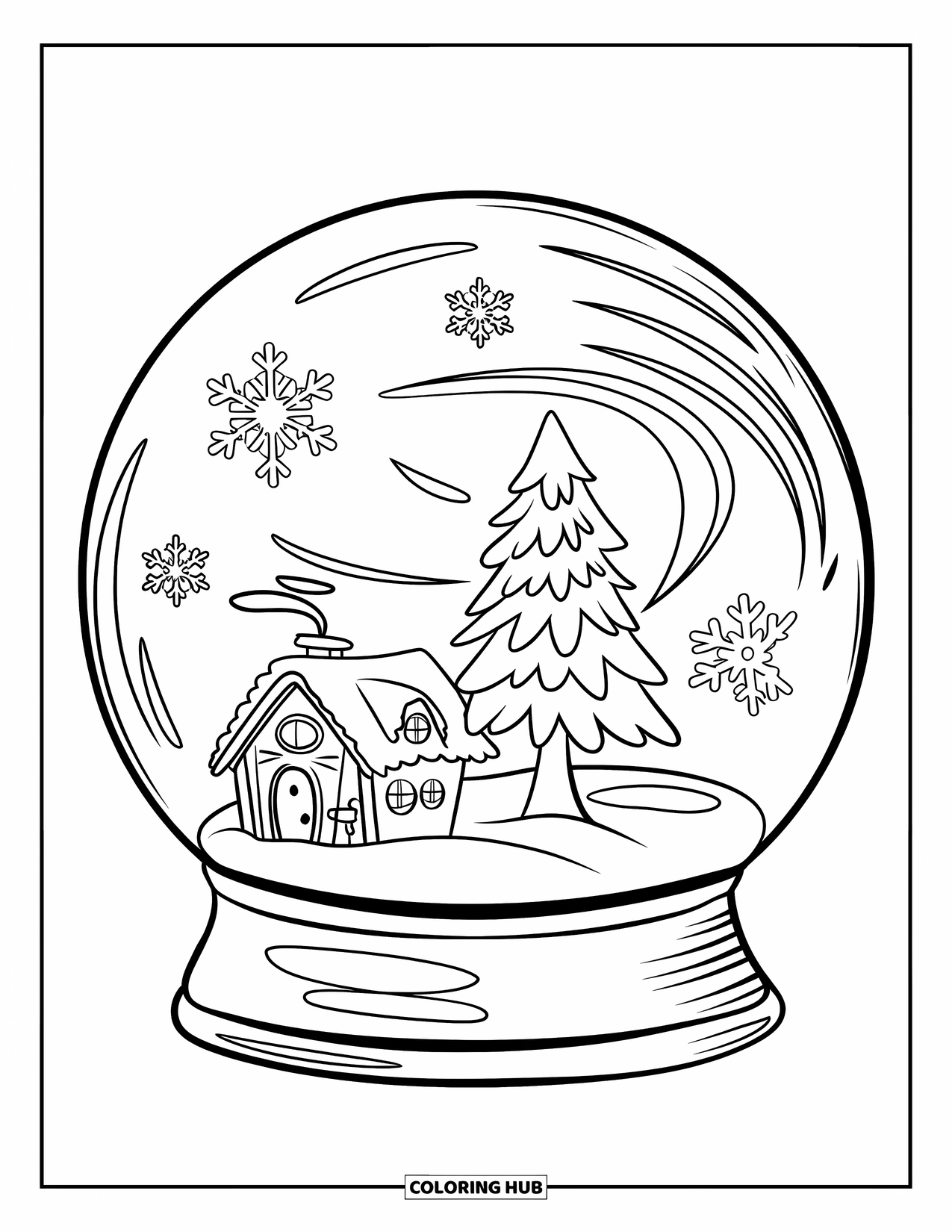 Winter Coloring Page for Kids: A magical snow globe with a tiny home, a snowy tree, and delicate swirling snowflakes