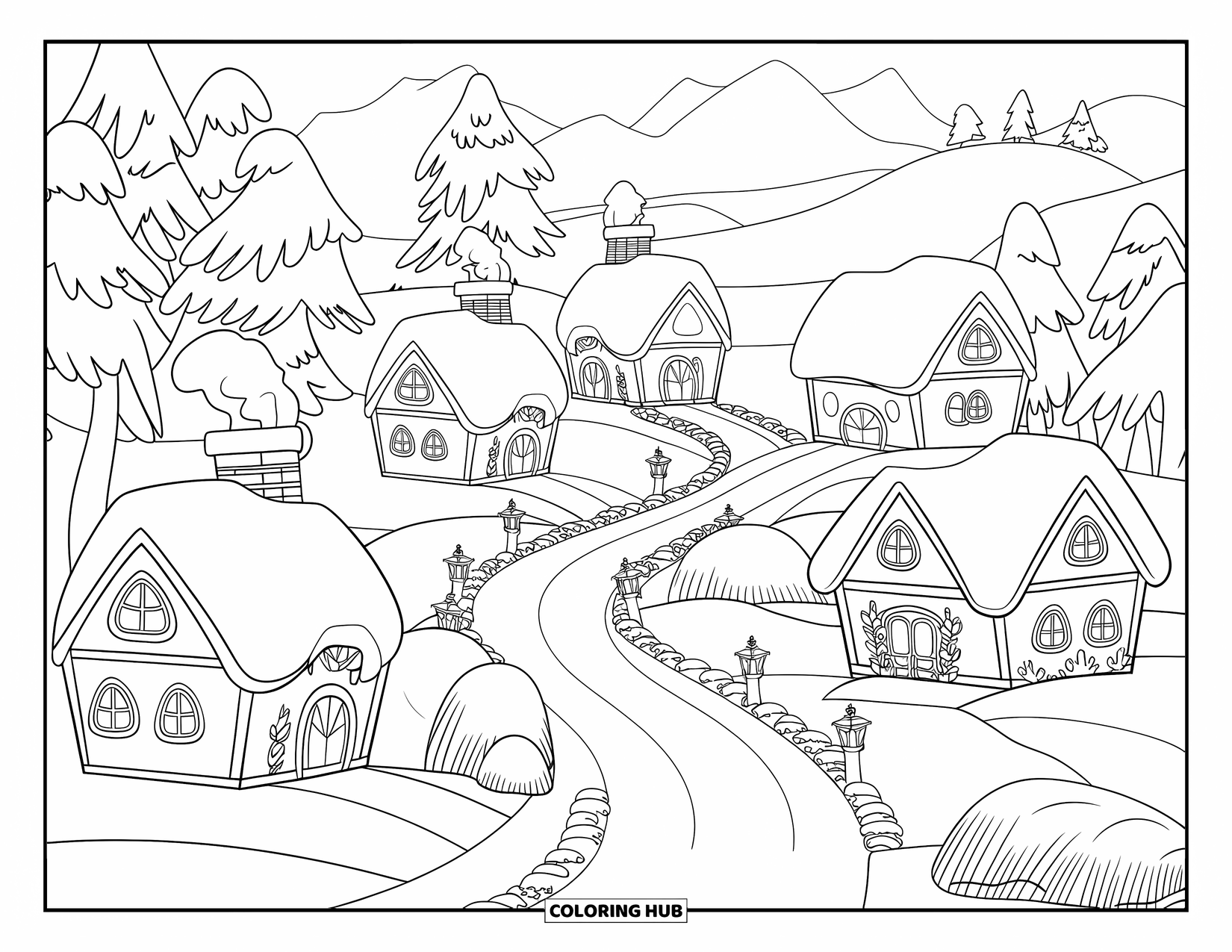 Winter Coloring Page for Kids: A magical winter village with lantern-lit paths, snowy rooftops, and smoke rising from chimneys