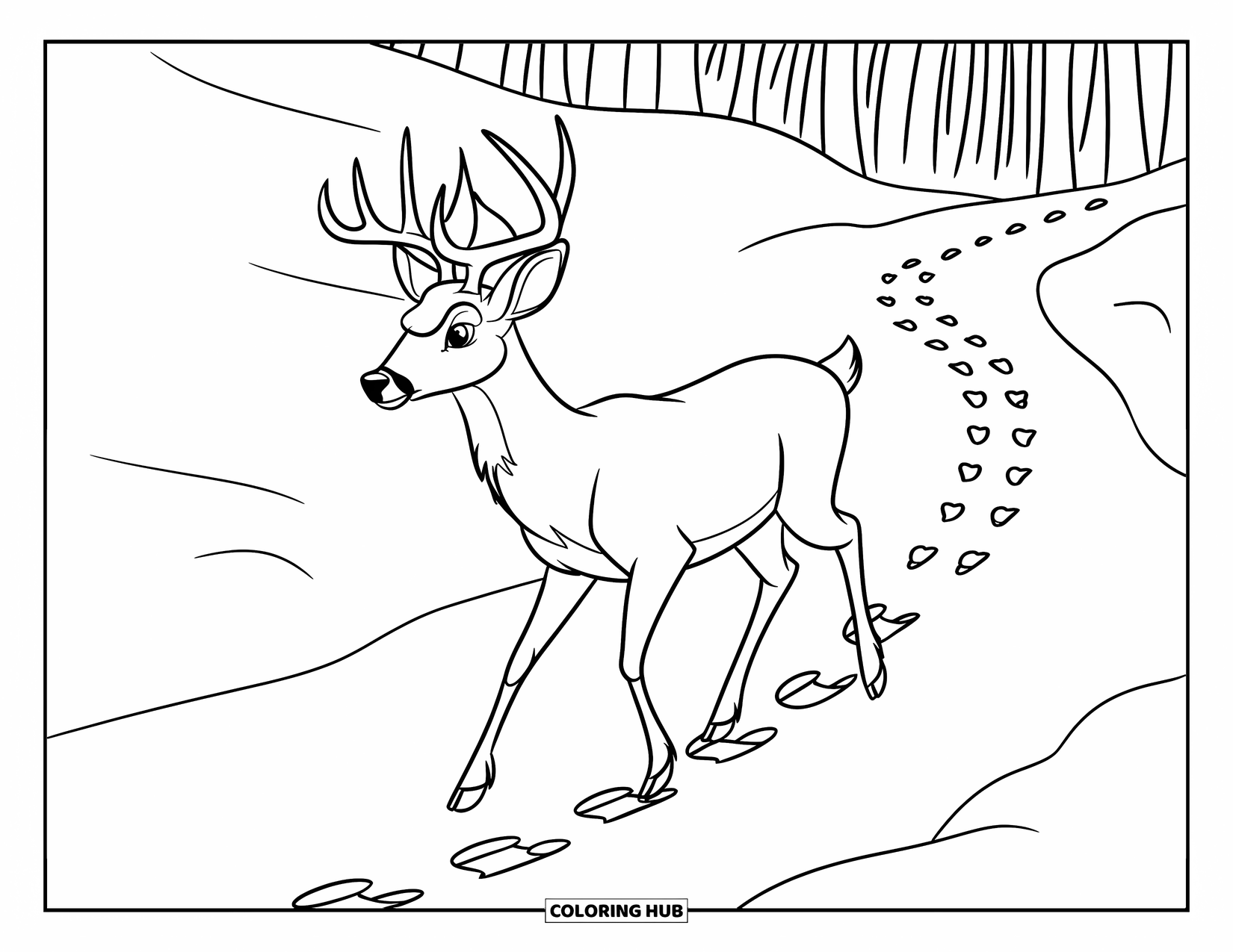Winter Coloring Page for Kids: A majestic deer with large antlers strolling through a snow-covered forest path