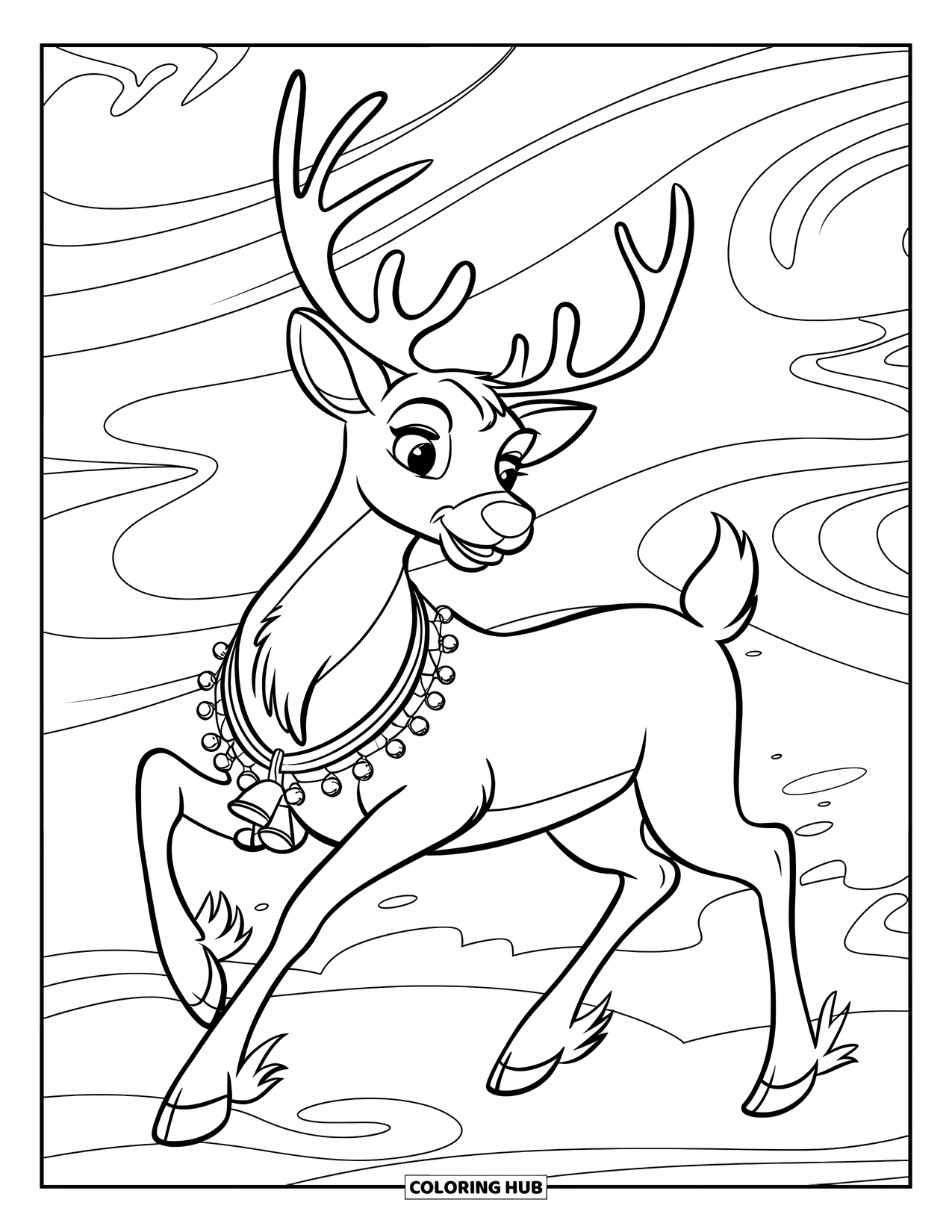 Winter Coloring Page for Kids: A majestic reindeer with an ornate harness, moving through a winter breeze with swirling patterns