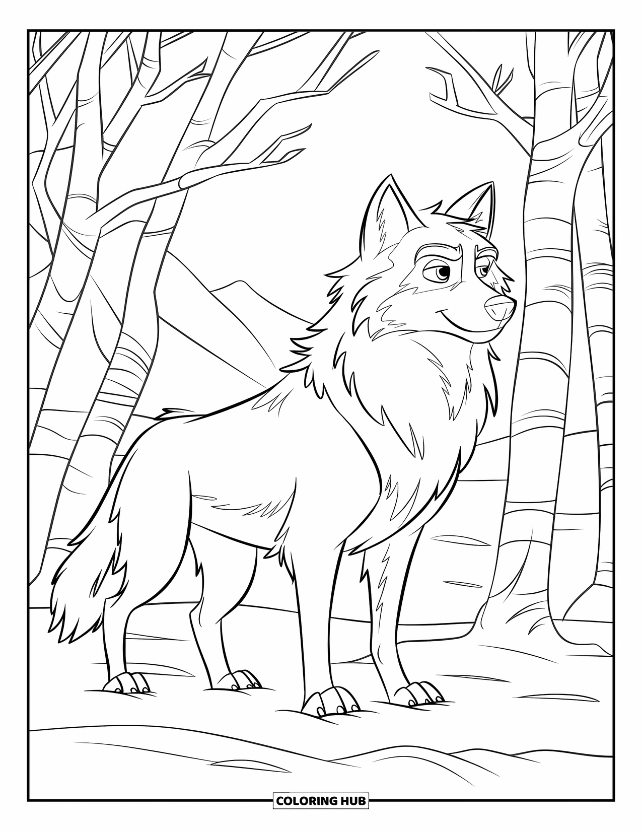 Winter Coloring Page for Kids: A majestic winter wolf with bristling fur, standing among frosted trees and gazing into the distance