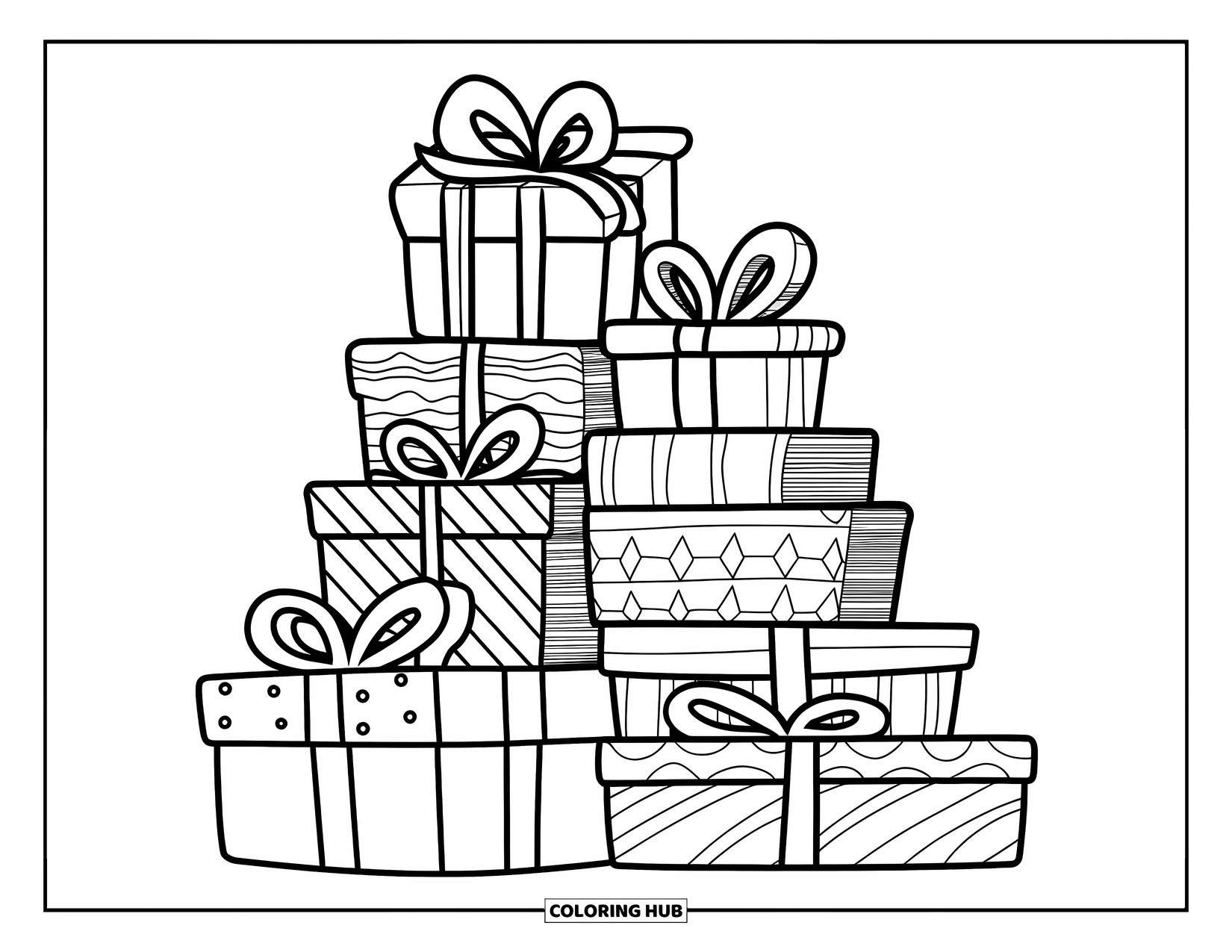 Winter Coloring Page for Kids: A neatly stacked arrangement of winter gifts, resting on a wooden base with intricate patterns