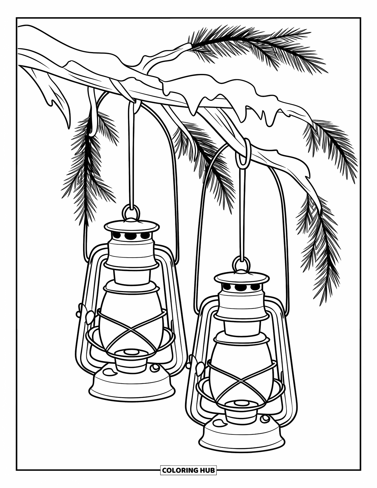 Winter Coloring Page for Kids: A pair of glowing lanterns hanging from a snowy branch, adorned with pine sprigs
