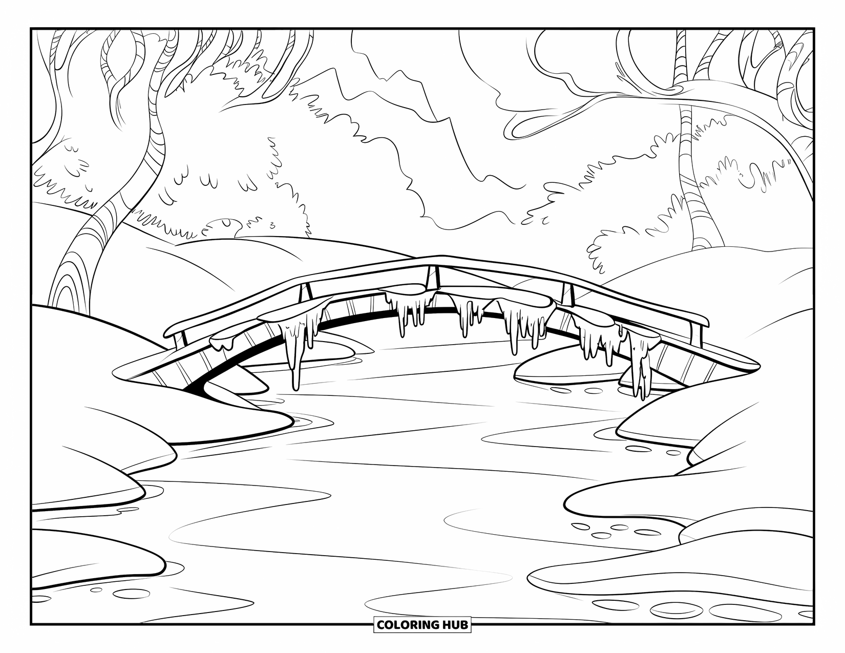 Winter Coloring Page for Kids: A peaceful bridge over a partially frozen river, framed by trees and distant mountains