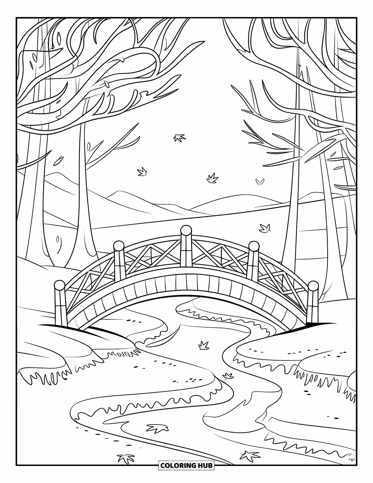 Winter Coloring Page for Kids: A peaceful bridge with metal railings stretching over an icy stream, framed by winter trees