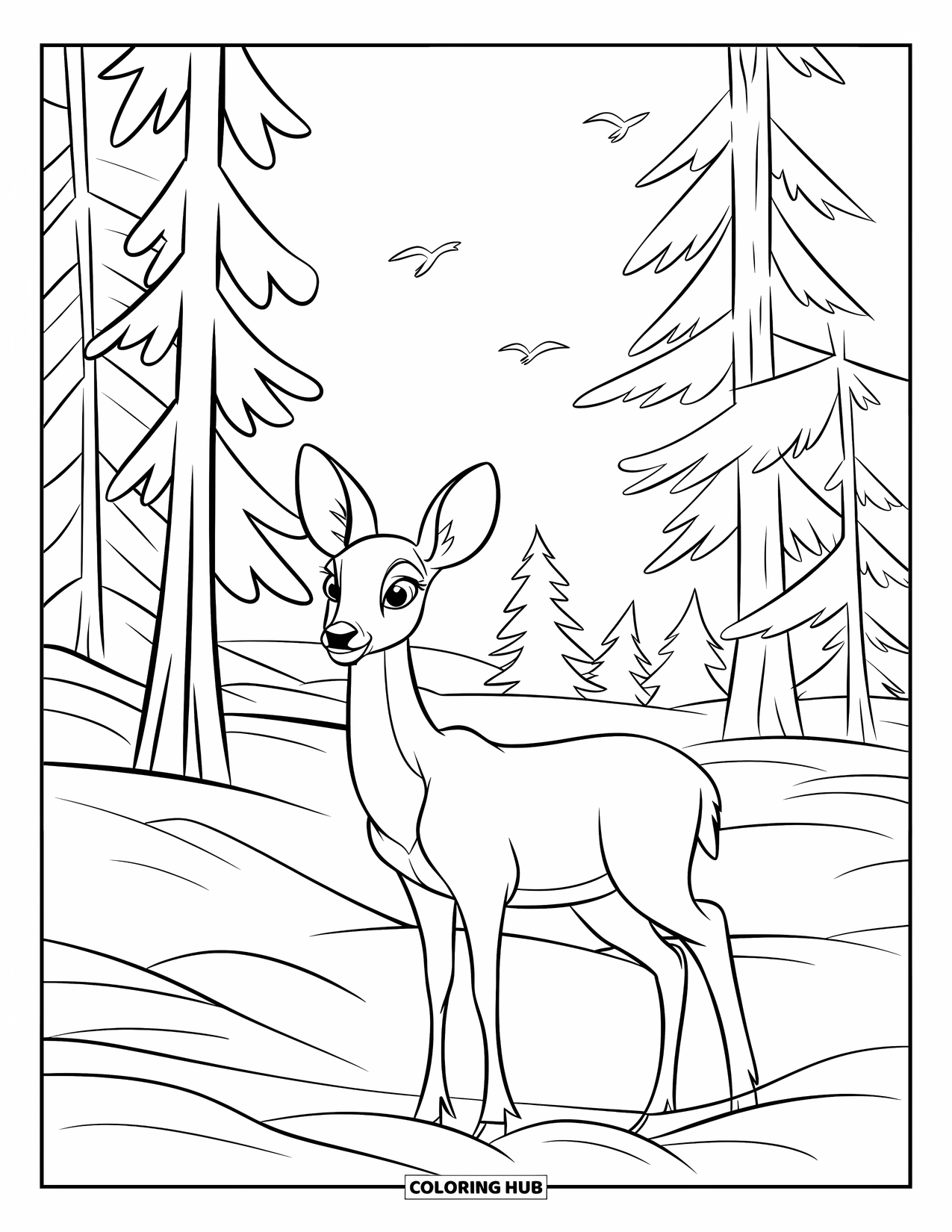 Winter Coloring Page for Kids: A peaceful deer standing in a vast, snow-covered forest, with birds flying above the treetops