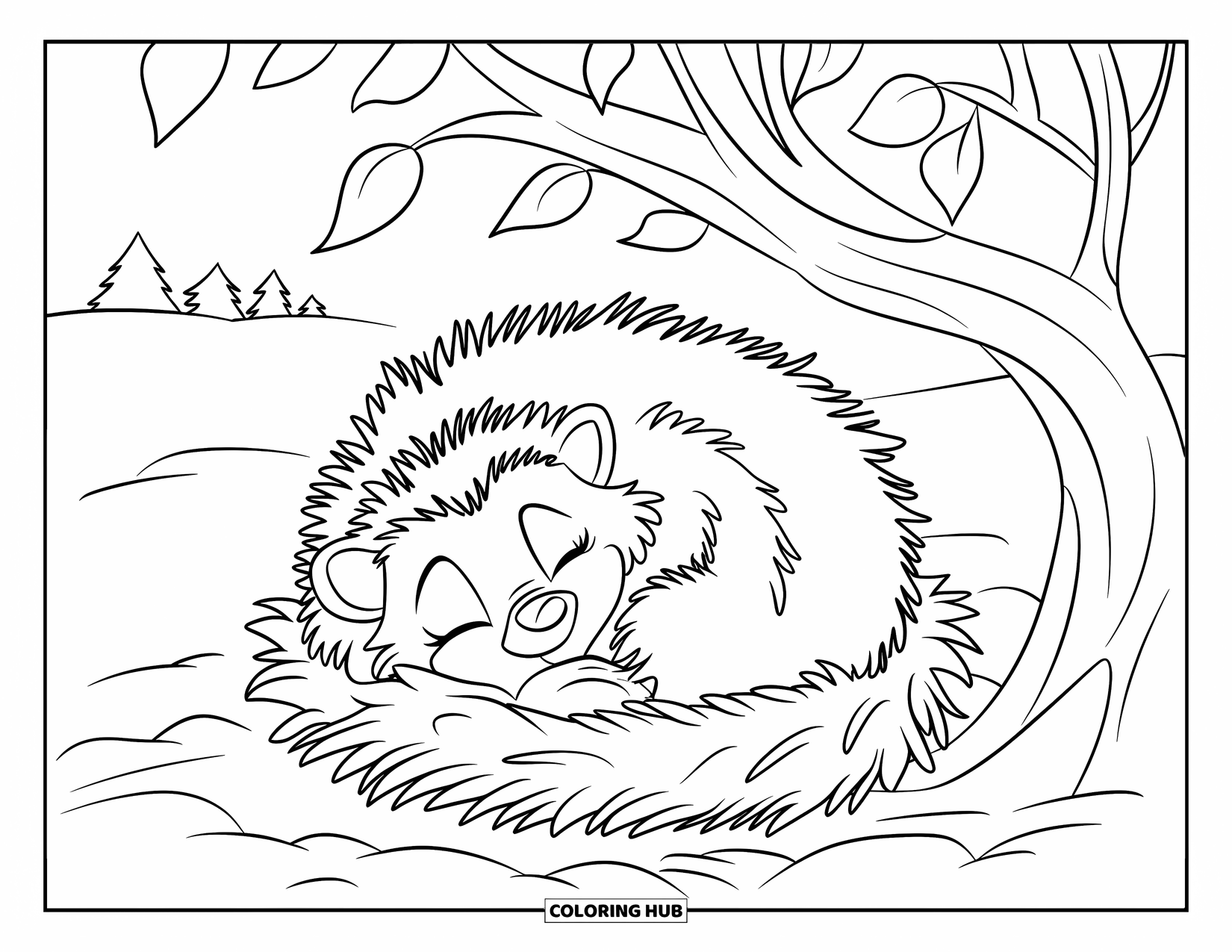 Winter Coloring Page for Kids: A peaceful hedgehog nestled in winter leaves, with a snowy field and small trees in the background