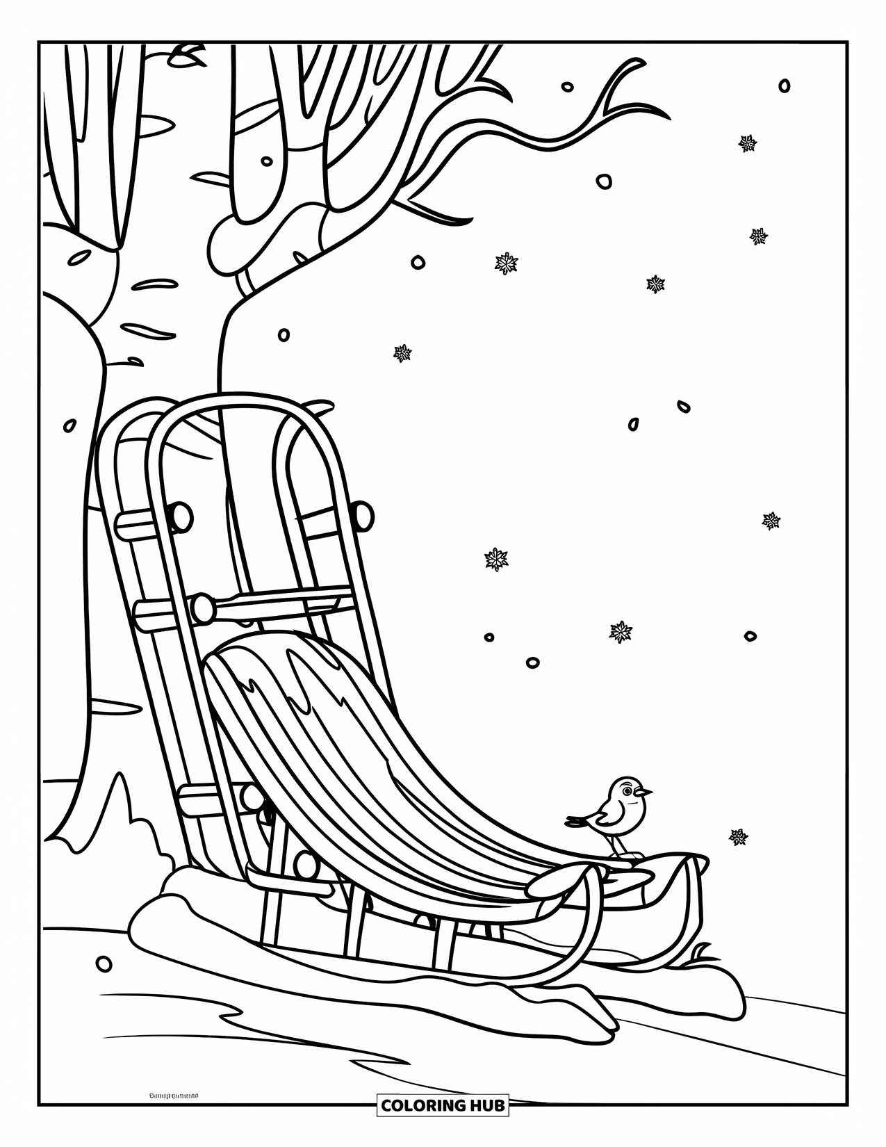 Winter Coloring Page for Kids: A peaceful winter scene with a sled in the snow and a bird perched on a nearby branch