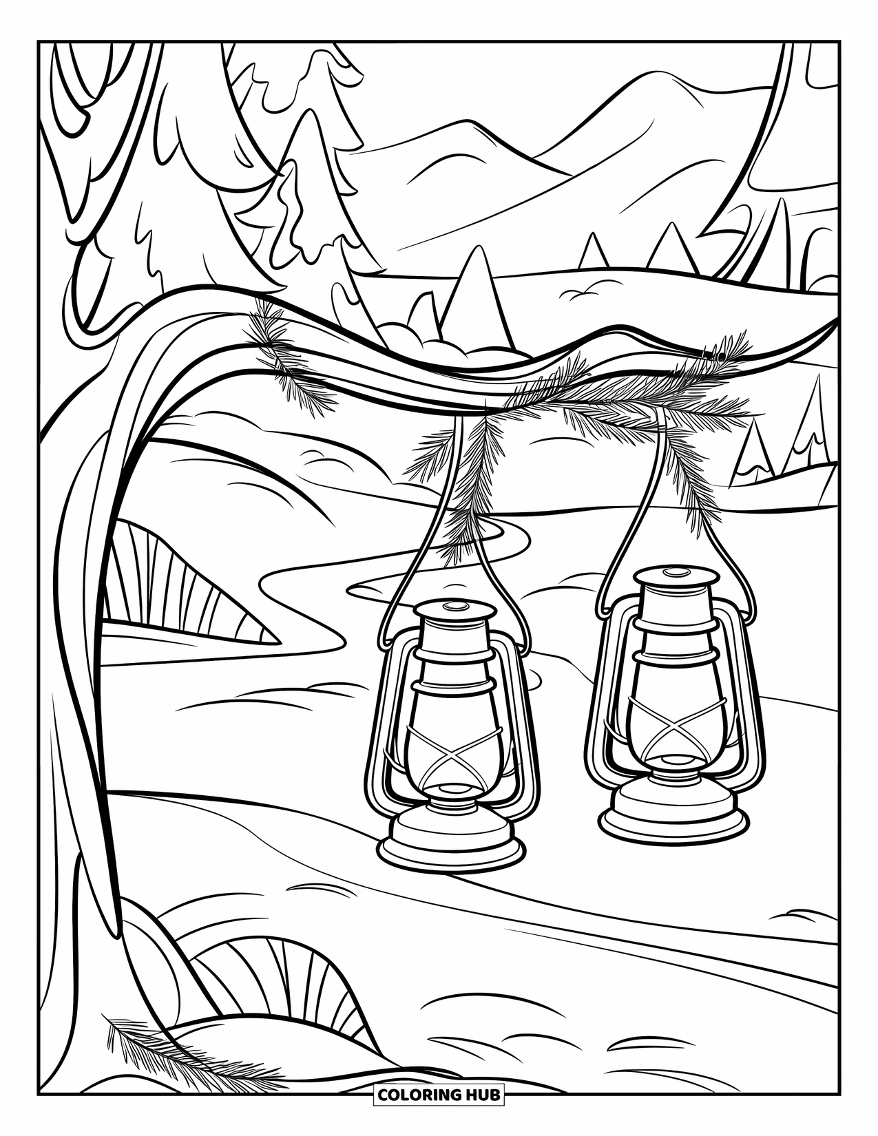 Winter Coloring Page for Kids: A peaceful winter scene with vintage lanterns hanging from a snowy branch, overlooking a mountain path