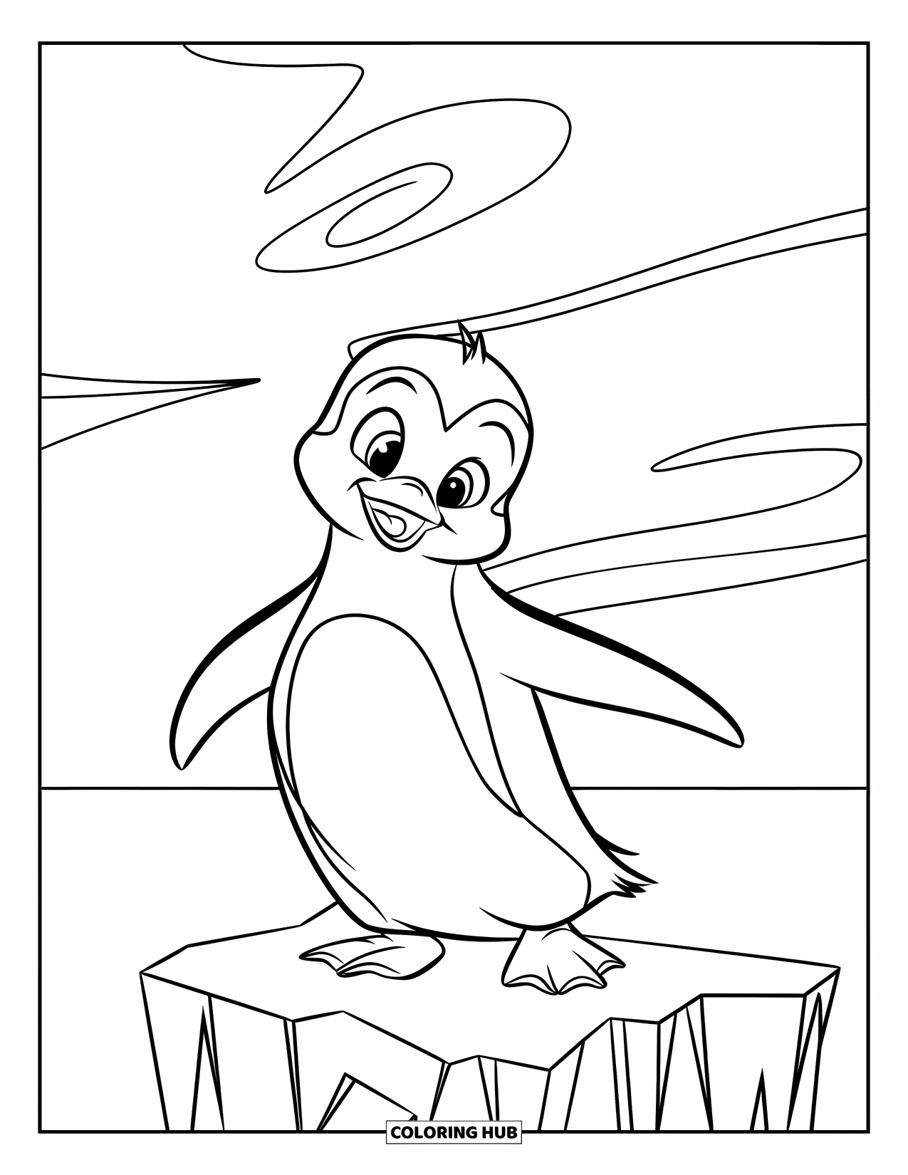 Winter Coloring Page for Kids: A playful penguin flapping its wings while standing on an iceberg with swirling wind patterns