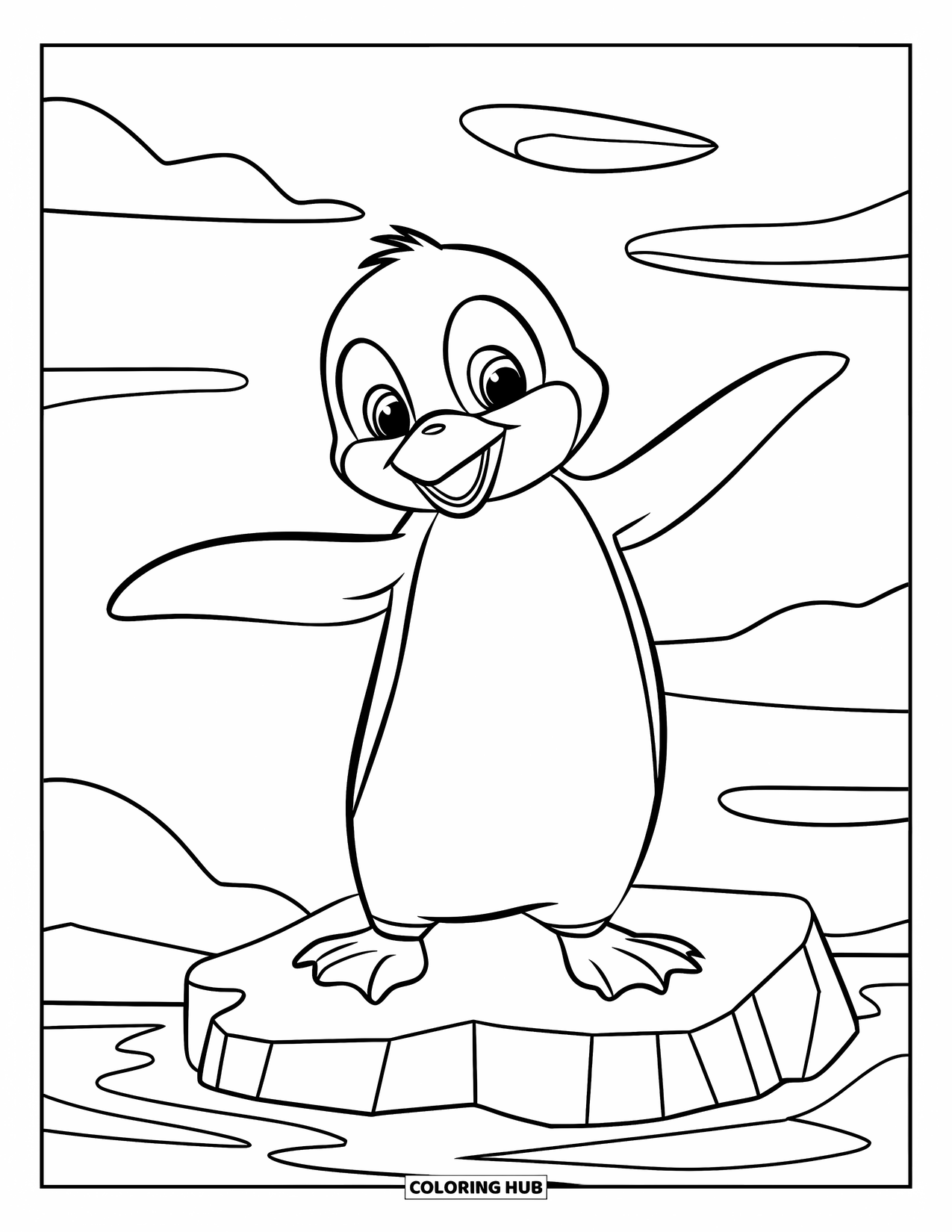 Winter Coloring Page for Kids: A playful penguin on an iceberg with swirling wind patterns in the background