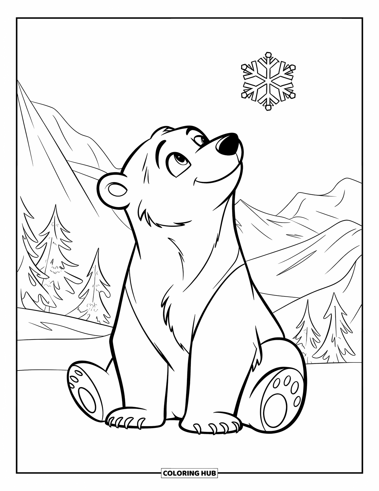 Winter Coloring Page for Kids: A playful polar bear looking up at a snowflake, with snowy mountains in the background