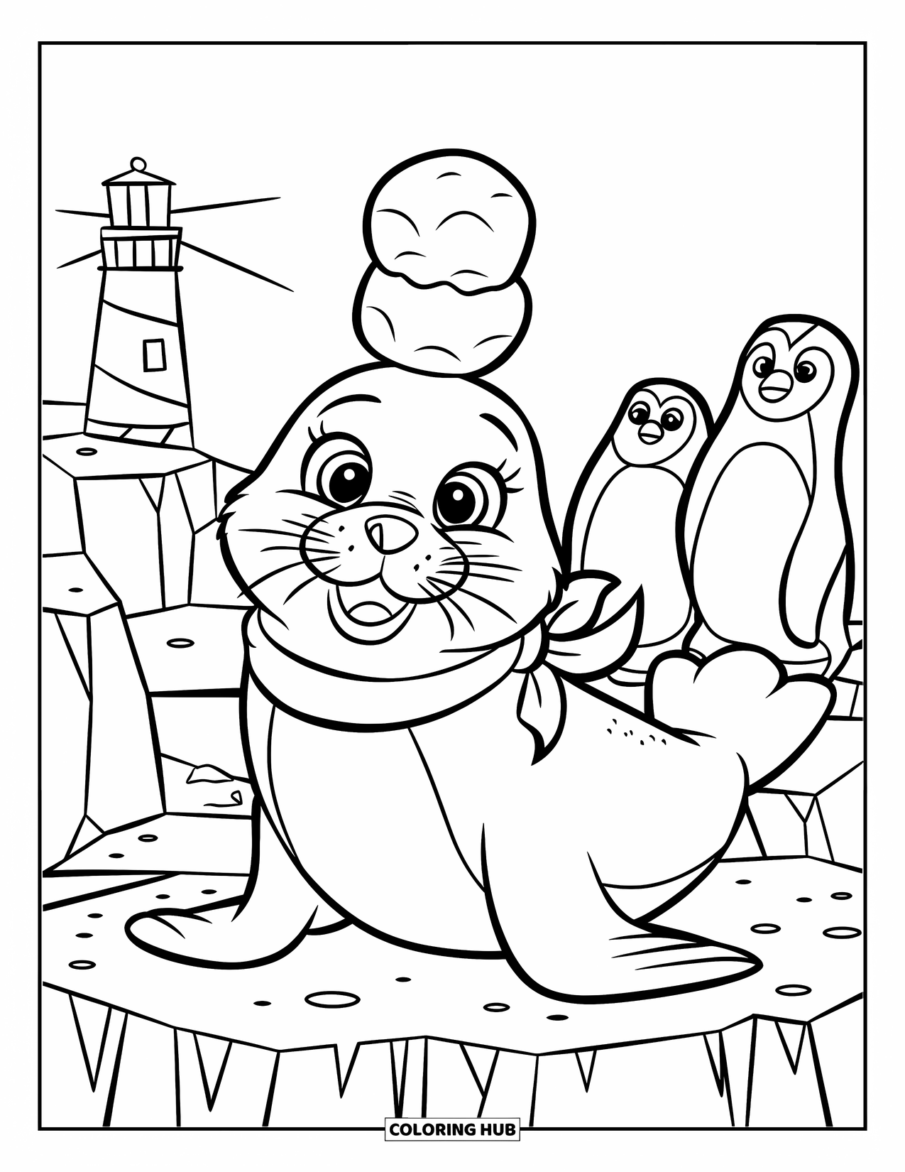 Winter Coloring Page for Kids: A playful seal with big eyes and a scarf, balancing a snowball near penguins and a lighthouse