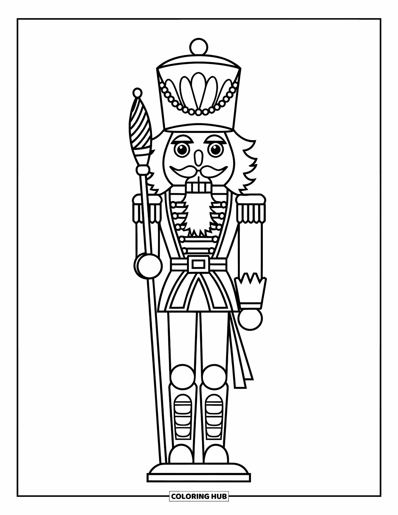 Winter Coloring Page for Kids: A regal nutcracker soldier in an ornate winter uniform, standing tall with a decorative staff