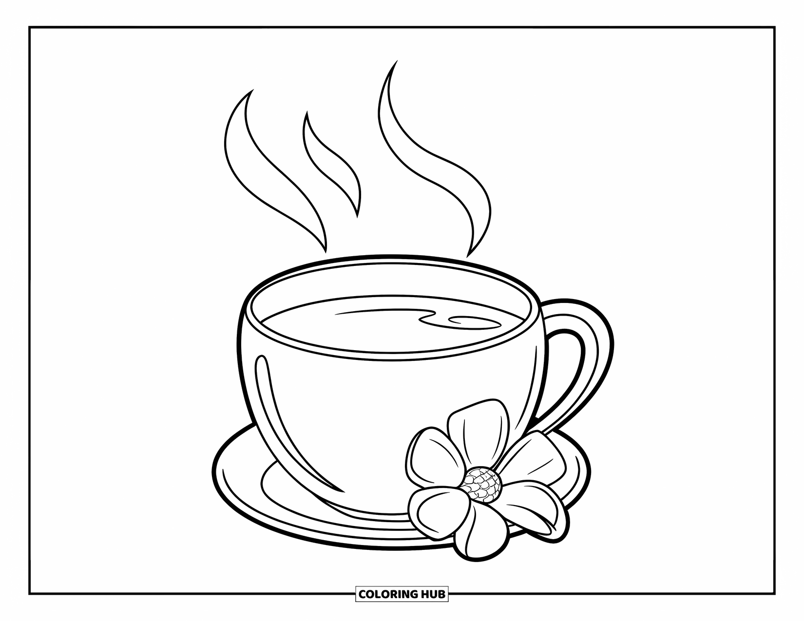 Winter Coloring Page for Kids: A round mug of warm tea with steam swirling softly, resting beside a delicate flower