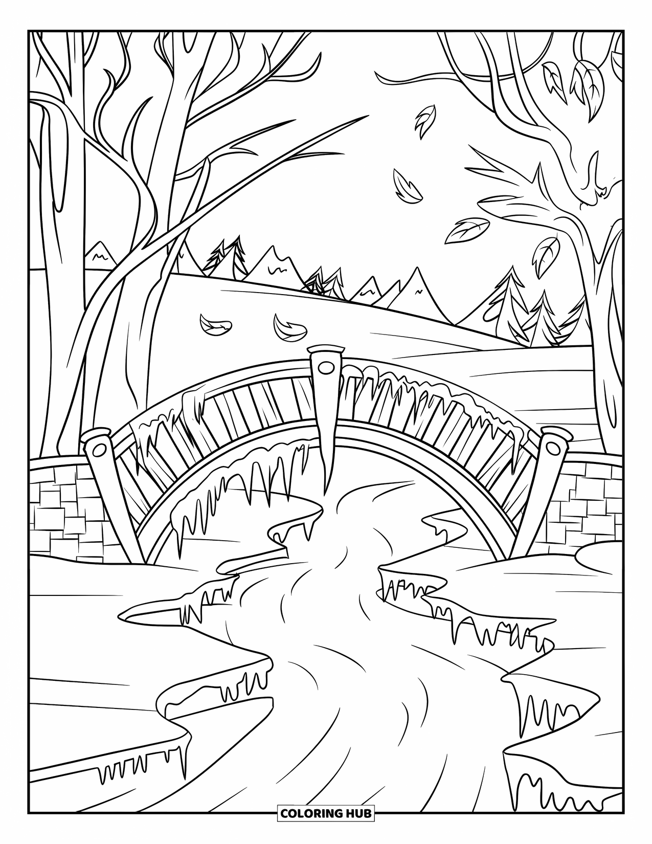 Winter Coloring Page for Kids: A rustic bridge with wooden planks and stone pillars crossing a frozen stream in a snowy forest