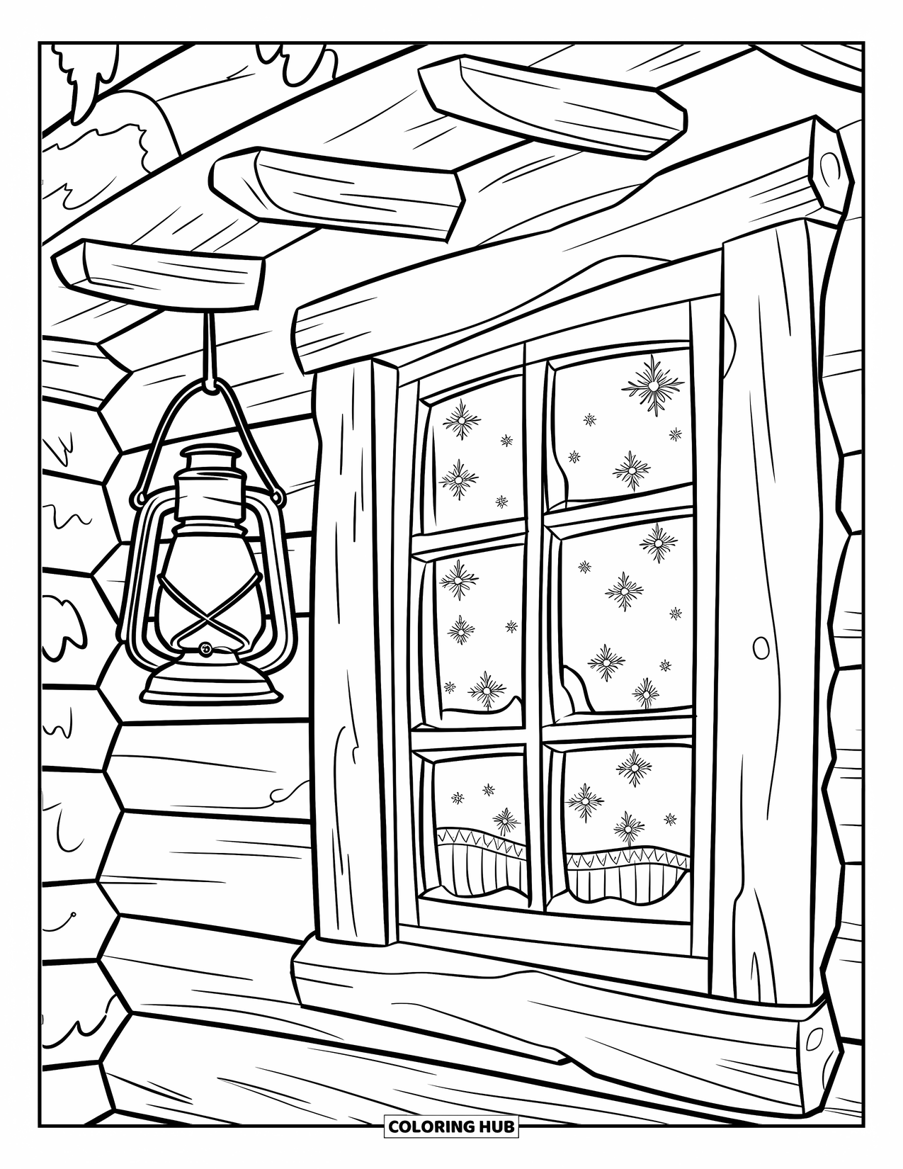 Winter Coloring Page for Kids: A rustic cabin window covered in frost patterns, with a glowing lantern hanging beside it