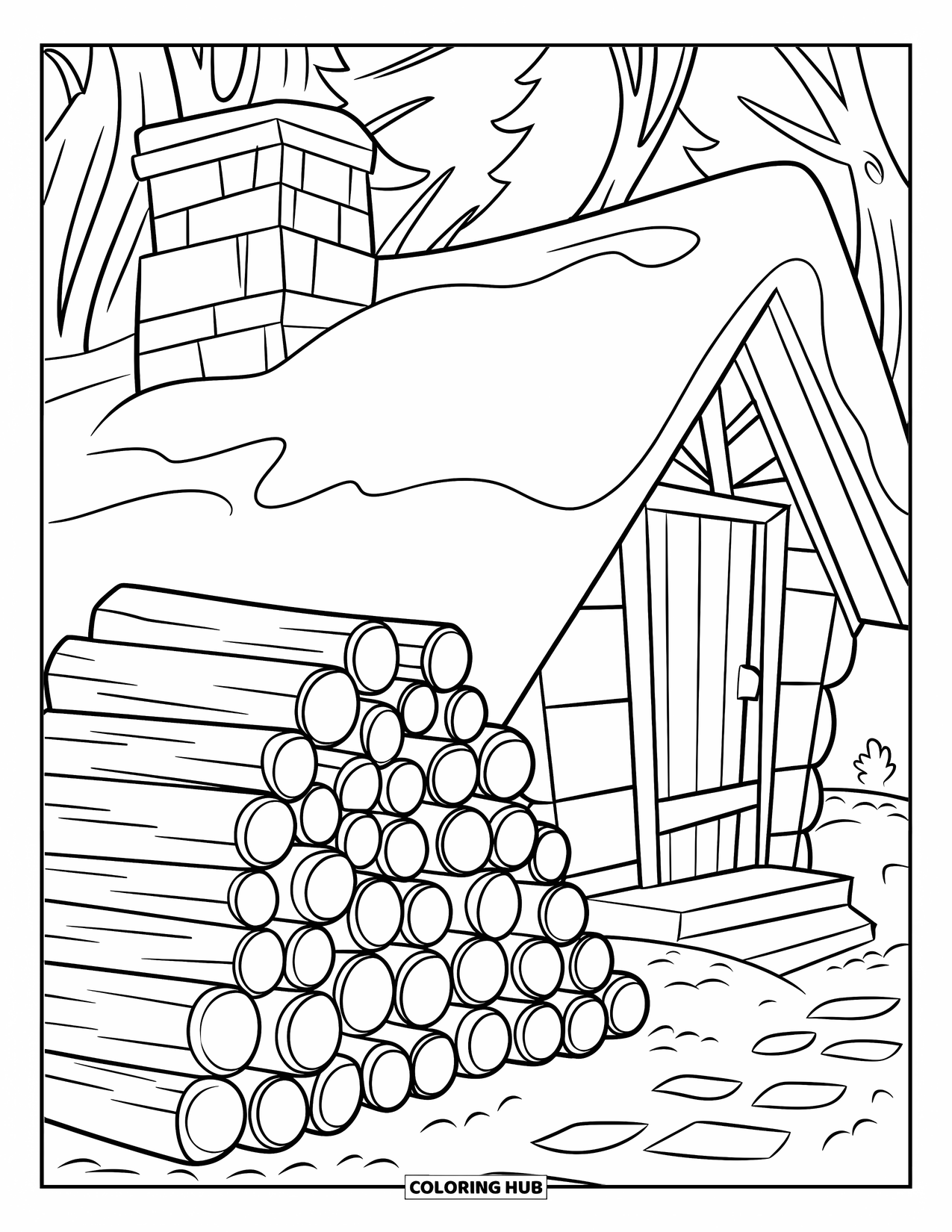 Winter Coloring Page for Kids: A rustic cabin with a chimney, snow-covered roof, and firewood stacked neatly against the wall