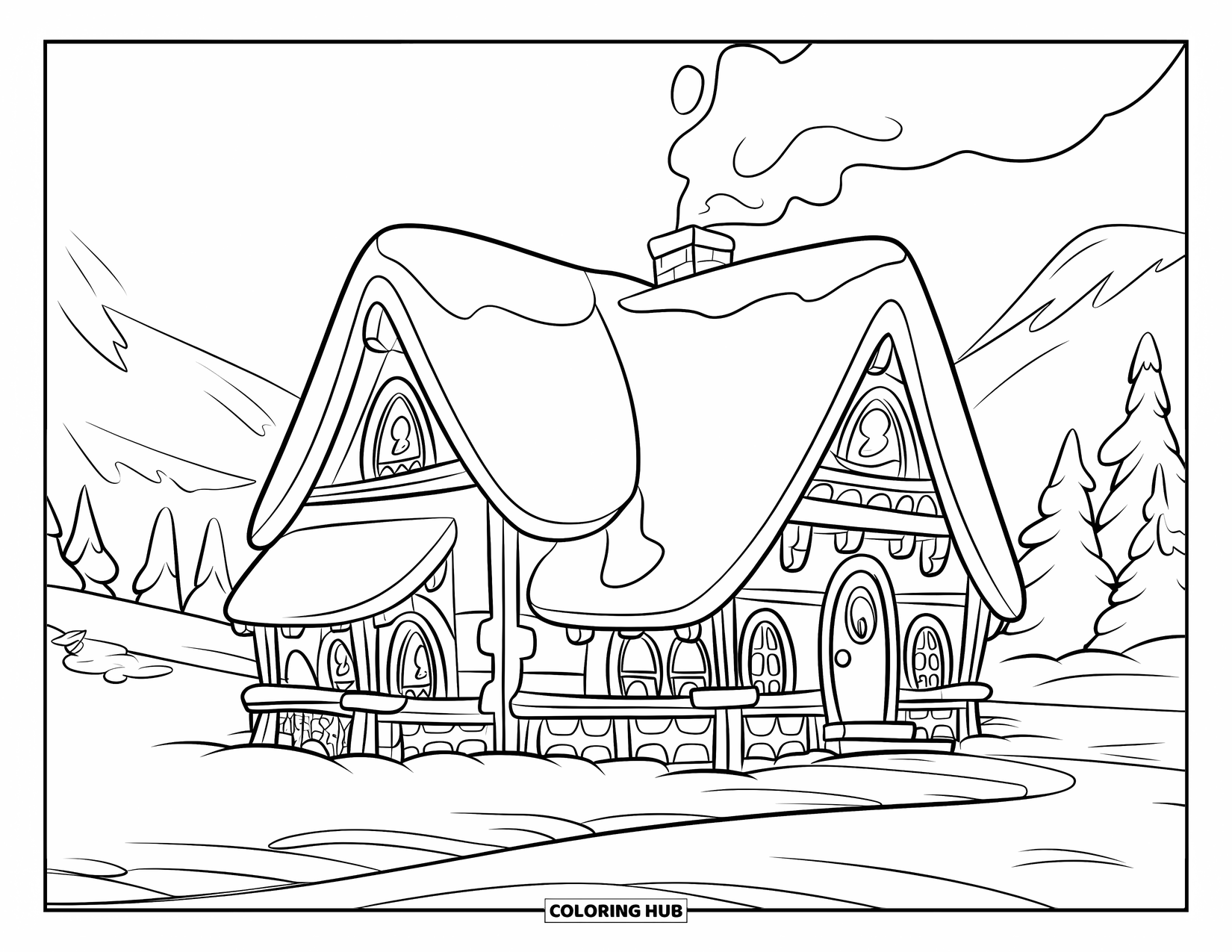 Winter Coloring Page for Kids: A rustic cabin with a snowy roof, chimney smoke curling, and a mountain backdrop