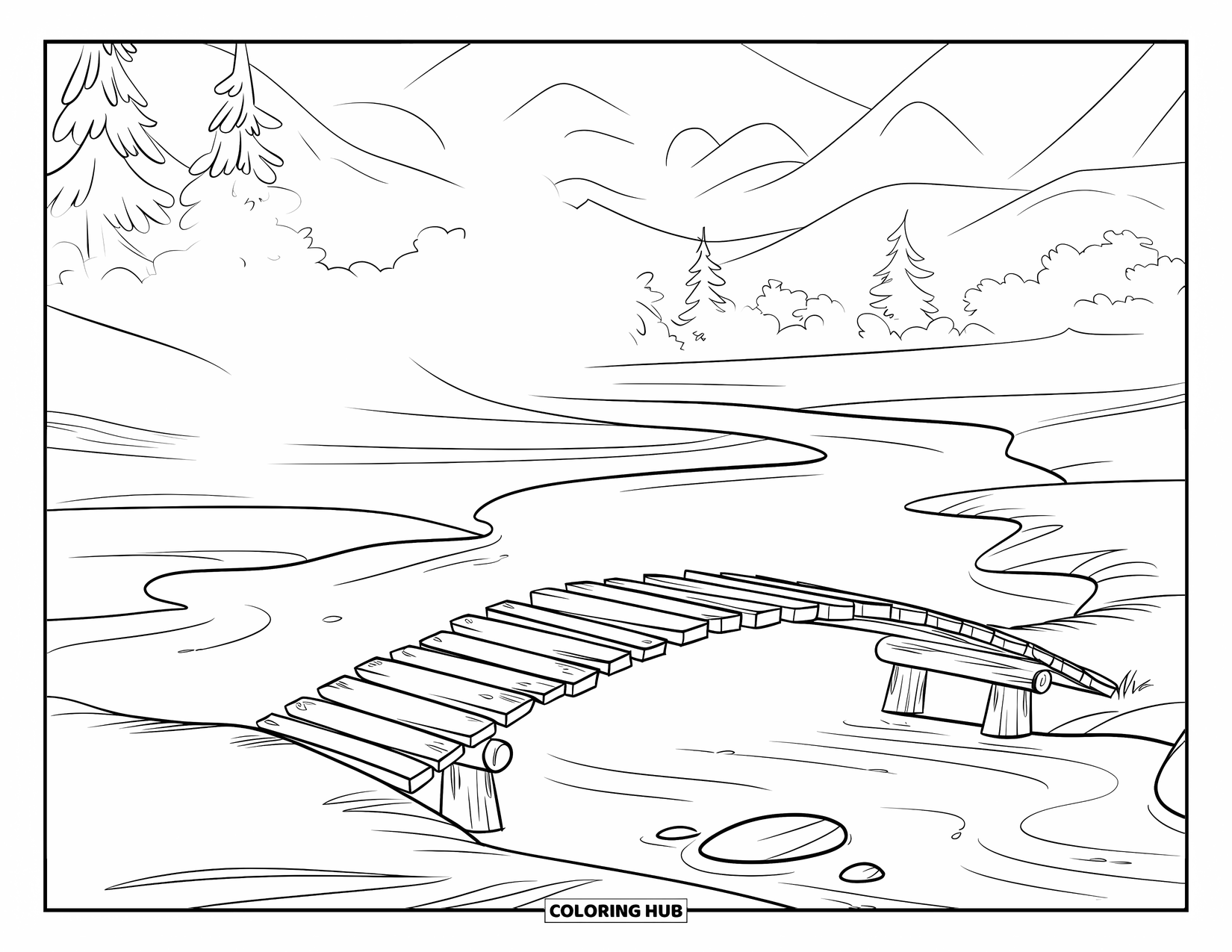 Winter Coloring Page for Kids: A rustic wooden bridge crossing a calm winter river, with mist drifting in the chilly air