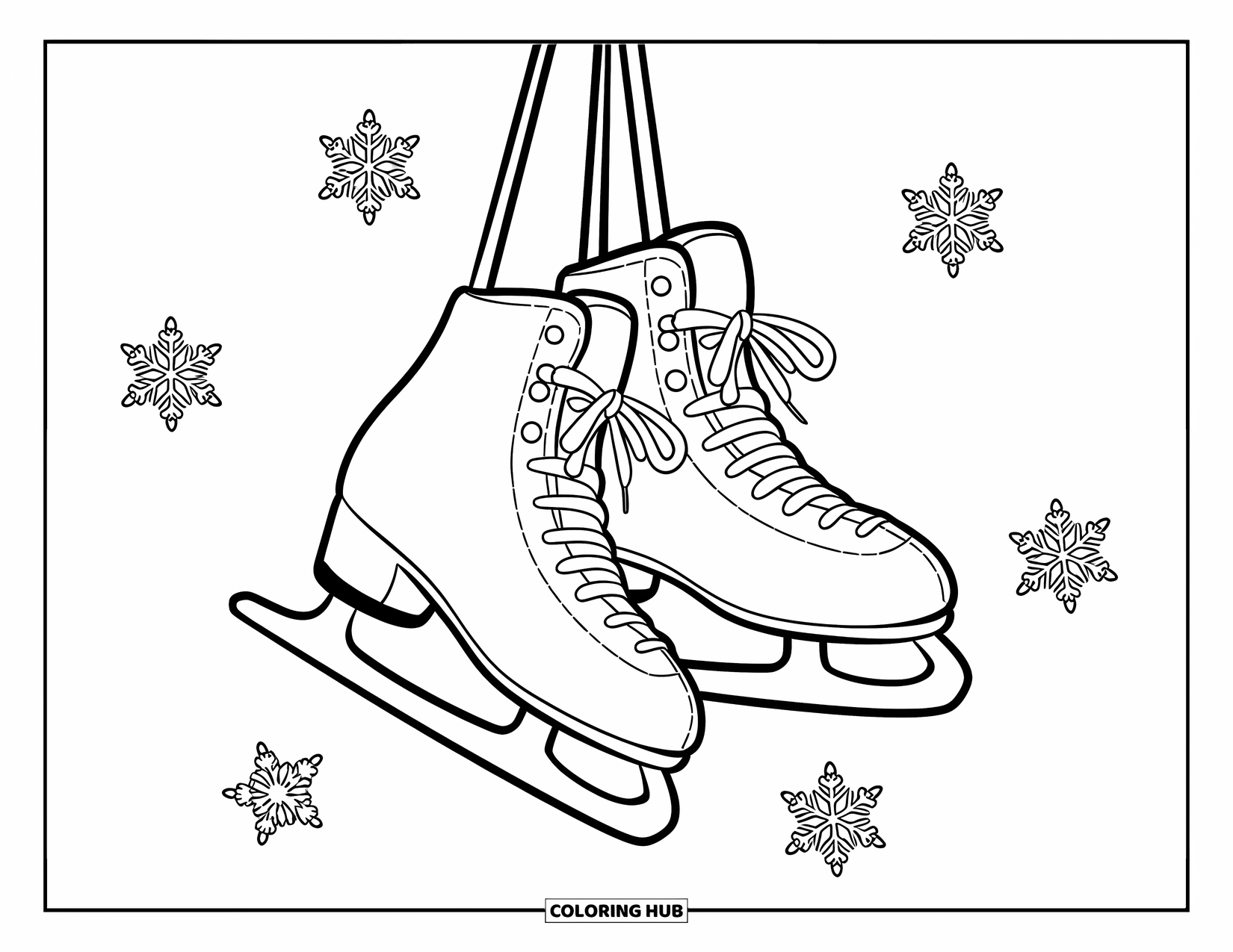 Winter Coloring Page for Kids: A set of winter ice skates hanging in the air, surrounded by floating snowflakes