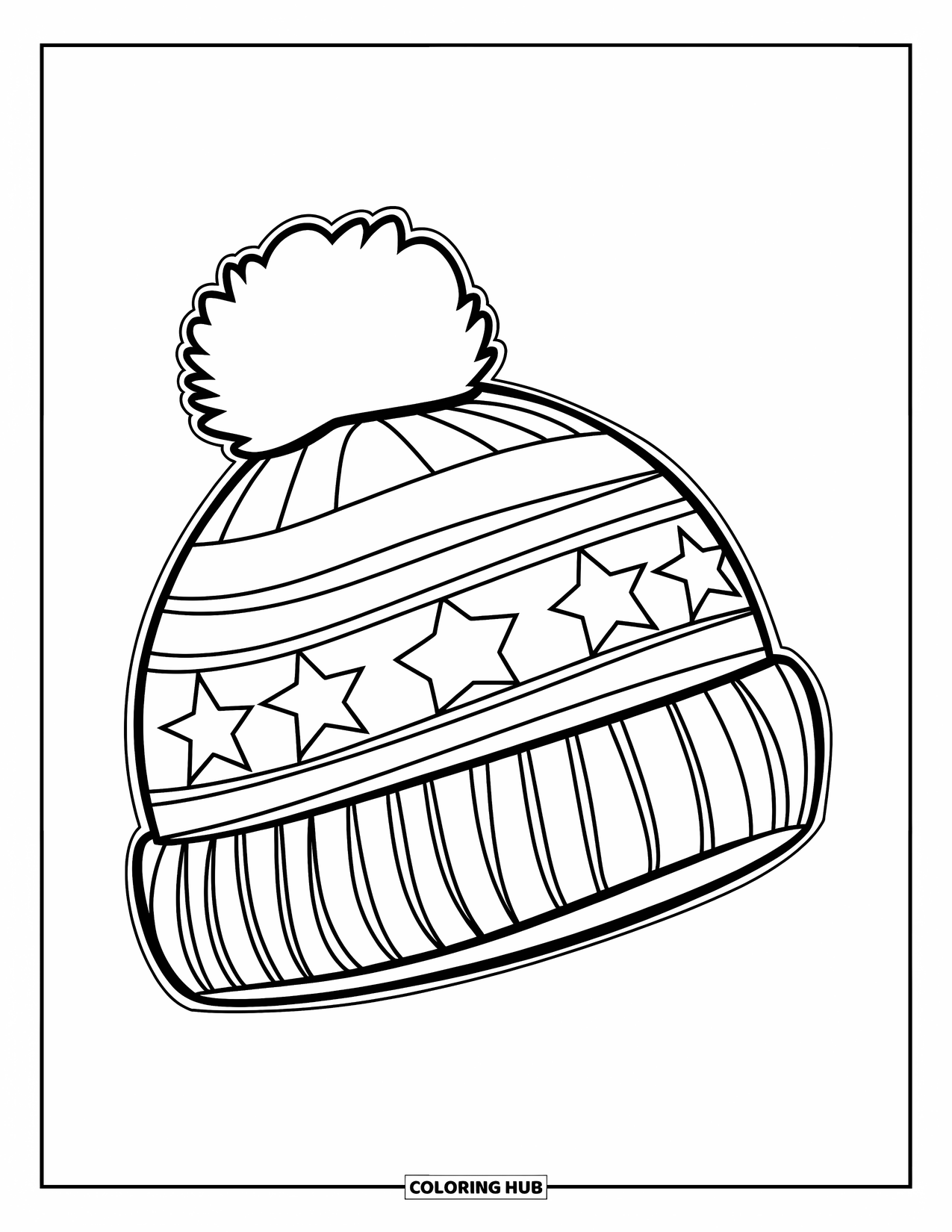 Winter Coloring Page for Kids: A side view of a winter hat with stars and stripes, featuring a large pom-pom in the foreground