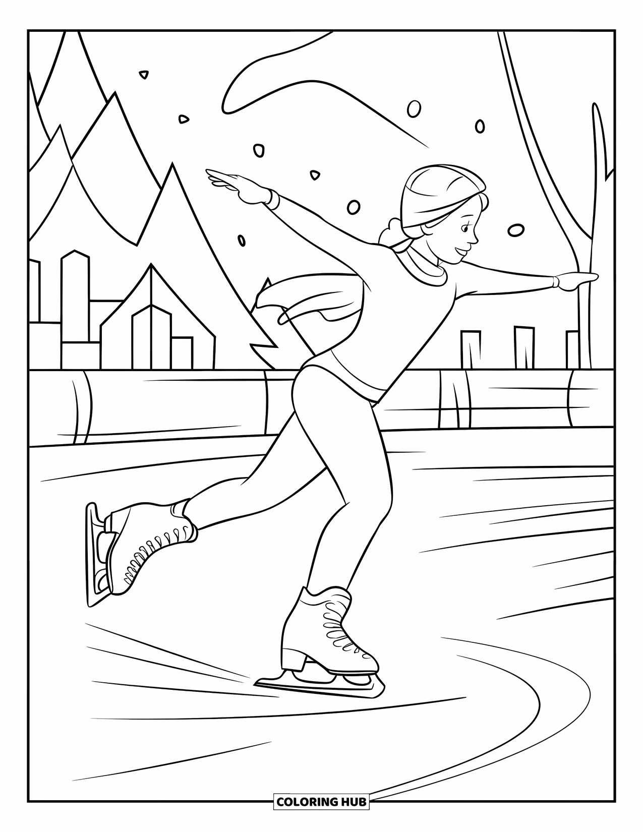 Winter Coloring Page for Kids: A skater twirling across the ice, with a wintery backdrop of trees and distant buildings