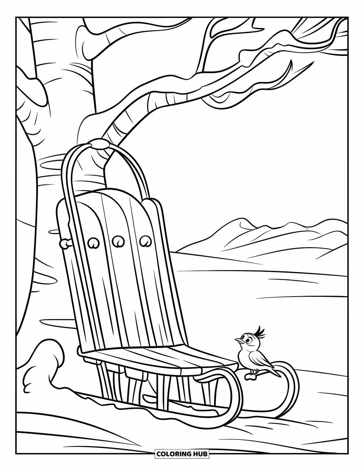 Winter Coloring Page for Kids: A sled leaning against a snowy tree, with a bird nearby and distant mountains in view