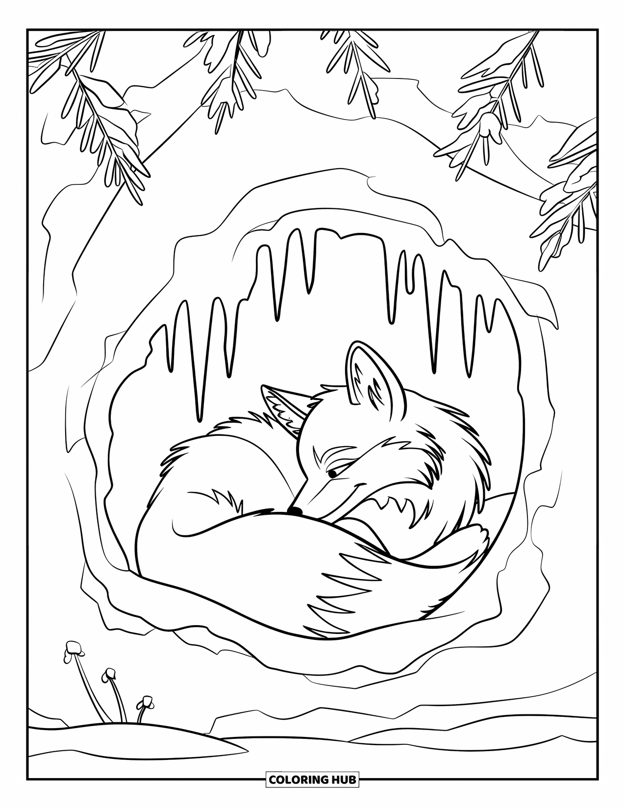 Winter Coloring Page for Kids: A sleeping fox nestled in a snow-covered den, with icicles and delicate winter flowers