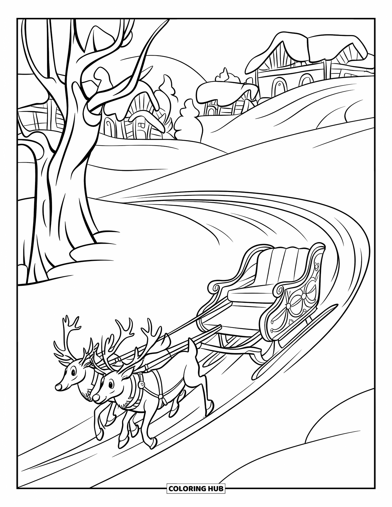 Winter Coloring Page for Kids: A sleigh drawn by two reindeer, gliding past a snowy village with cozy buildings