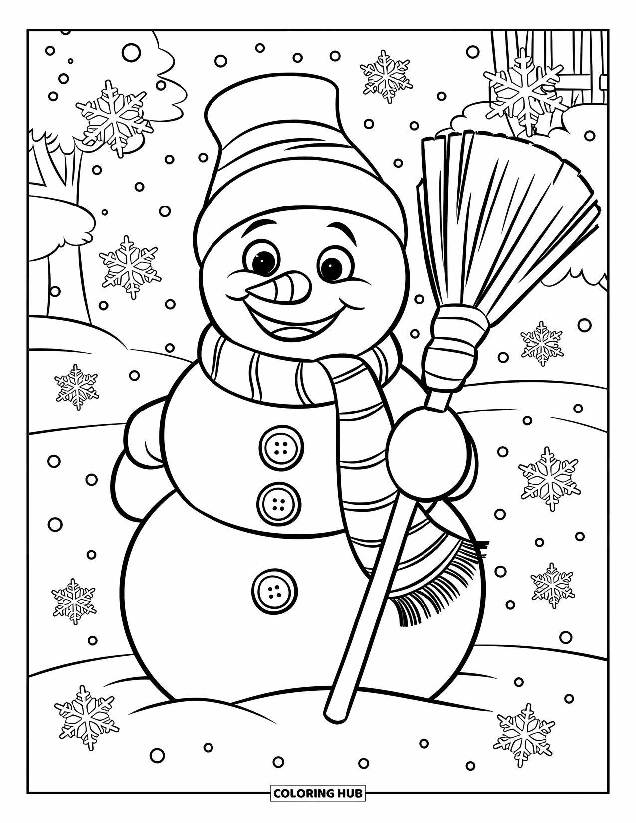 Winter Coloring Page for Kids: A smiling snowman with button eyes, a scarf, and a broomstick, standing in a snowy landscape
