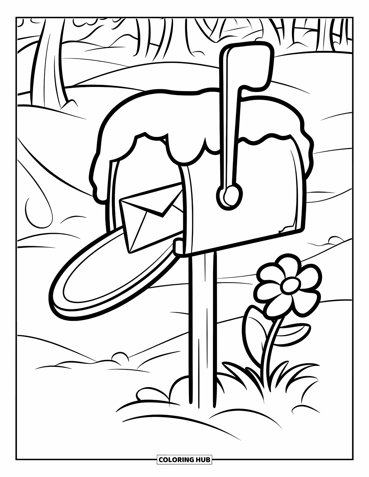 Winter Coloring Page for Kids: A snow-covered mailbox with a single letter sticking out, standing beside a blooming winter flower
