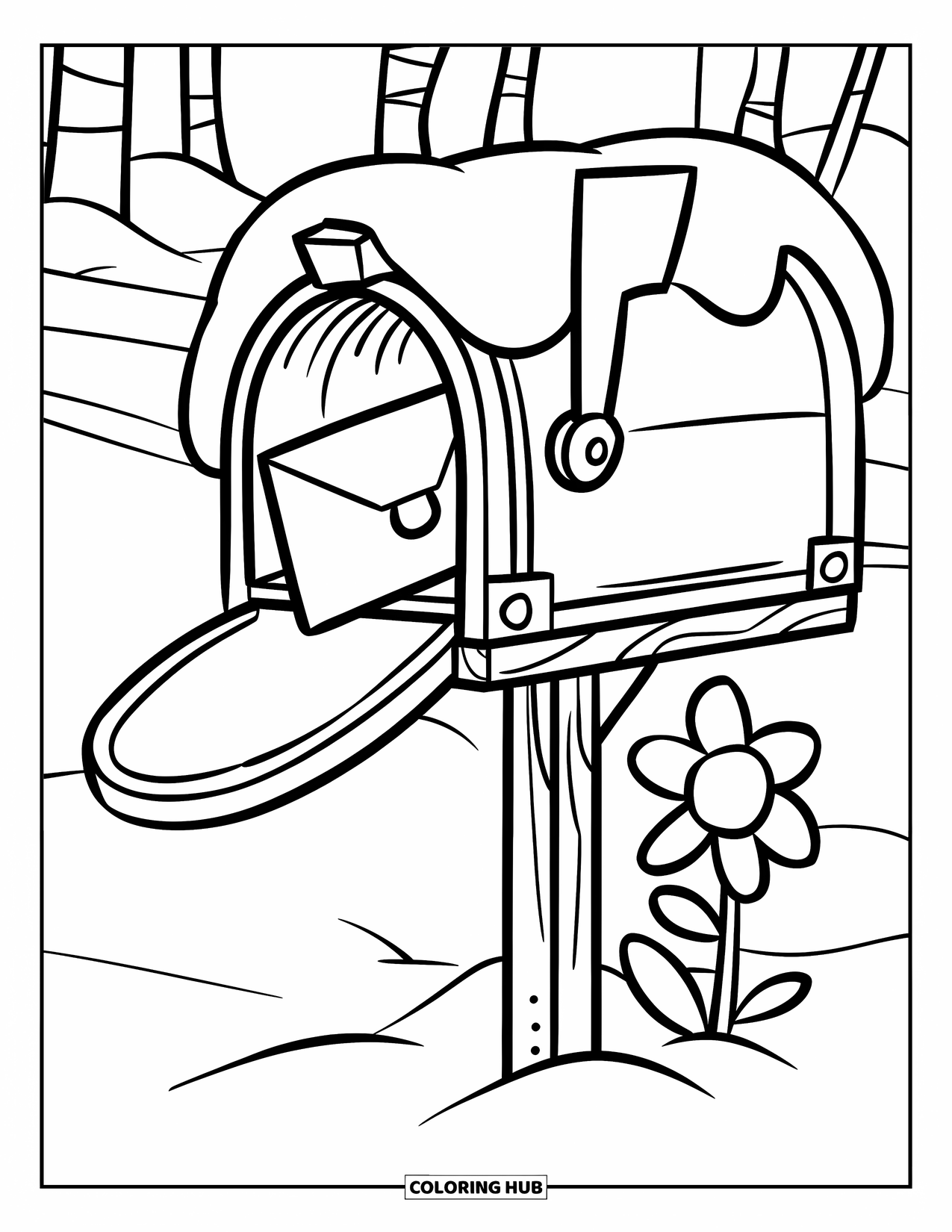 Winter Coloring Page for Kids: A snow-covered red mailbox on a wooden post, surrounded by trees in a peaceful winter scene