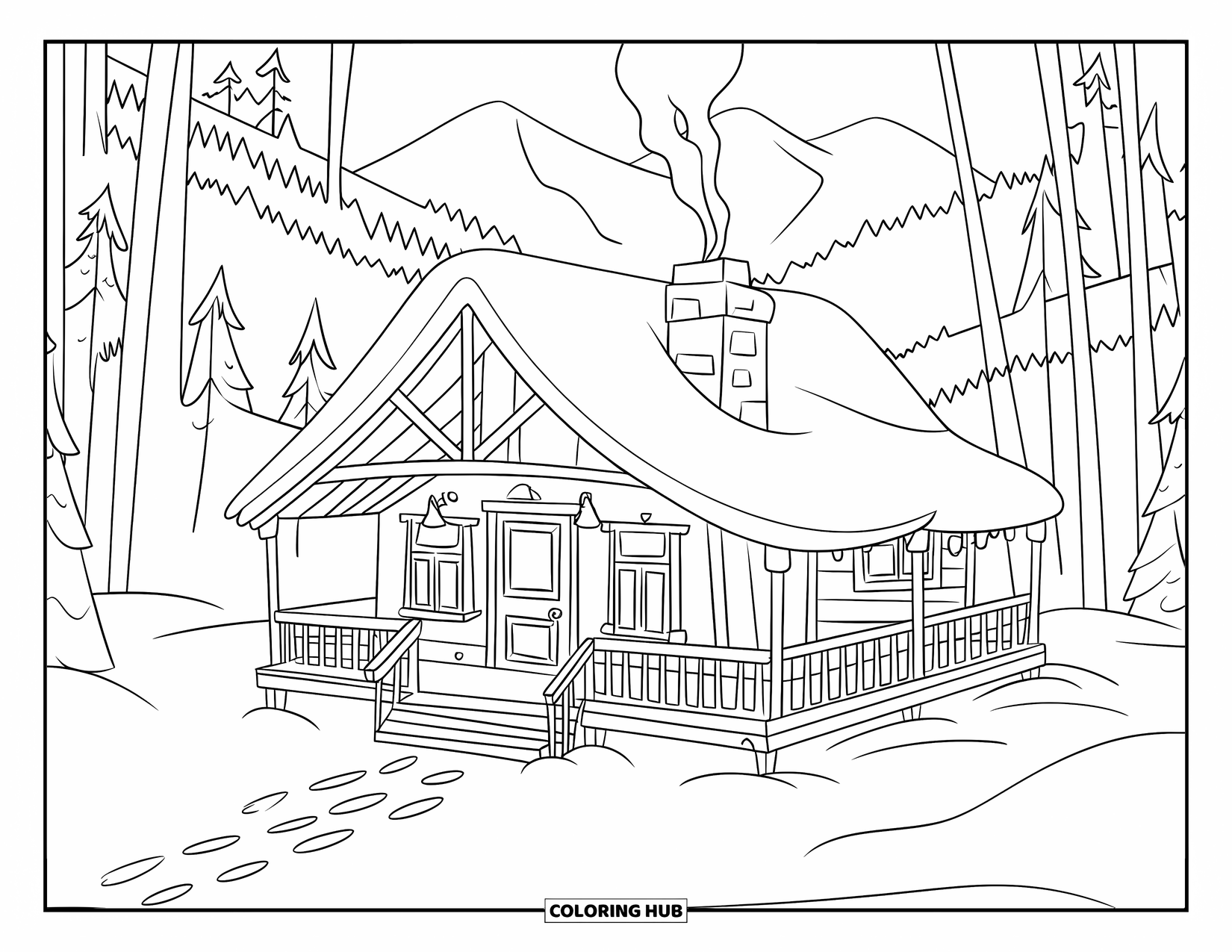 Winter Coloring Page for Kids: A snowy forest cabin with a wooden porch, footprints leading to the door, and mountains behind