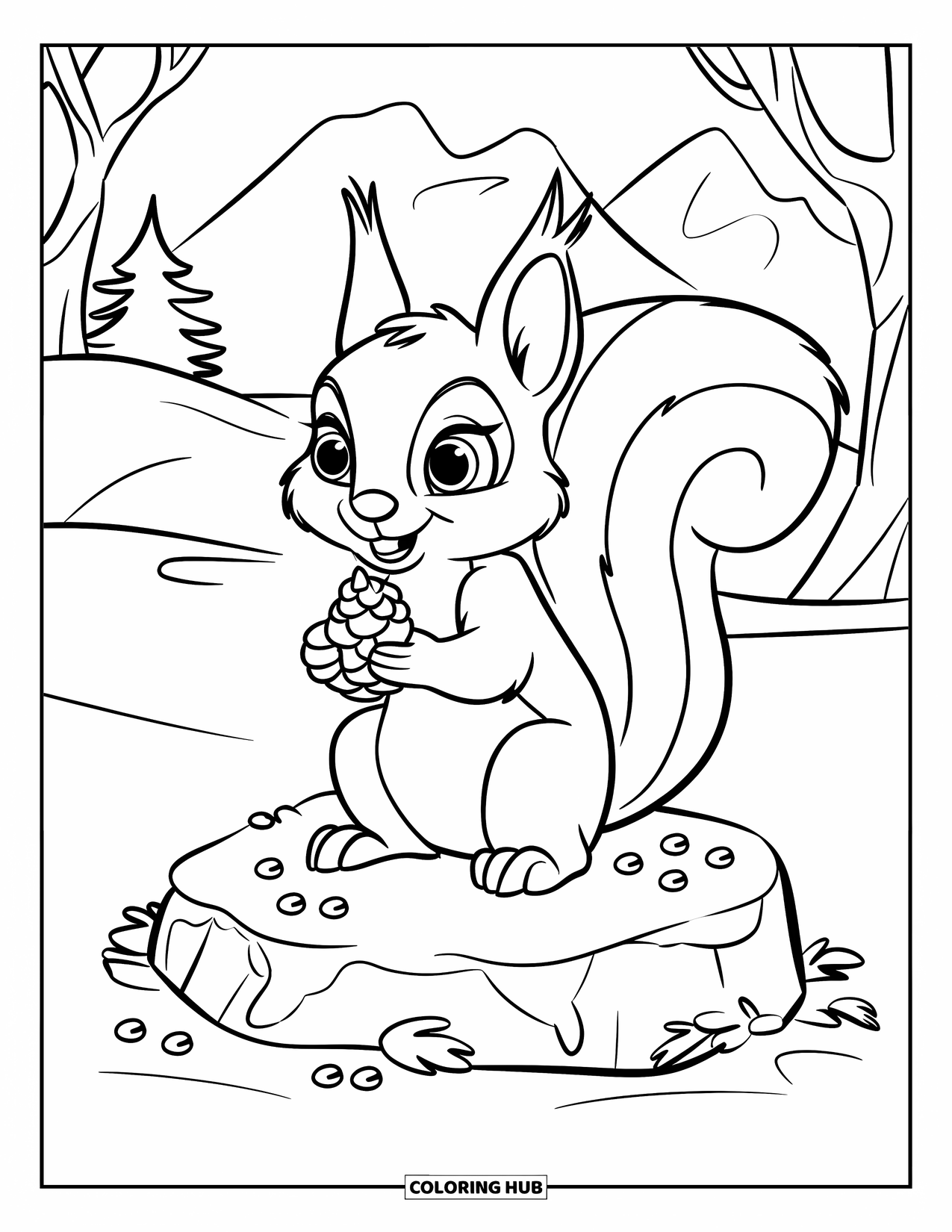 Winter Coloring Page for Kids: A squirrel with big, expressive eyes holding a tiny pinecone, sitting on a snowy rock with winter berries
