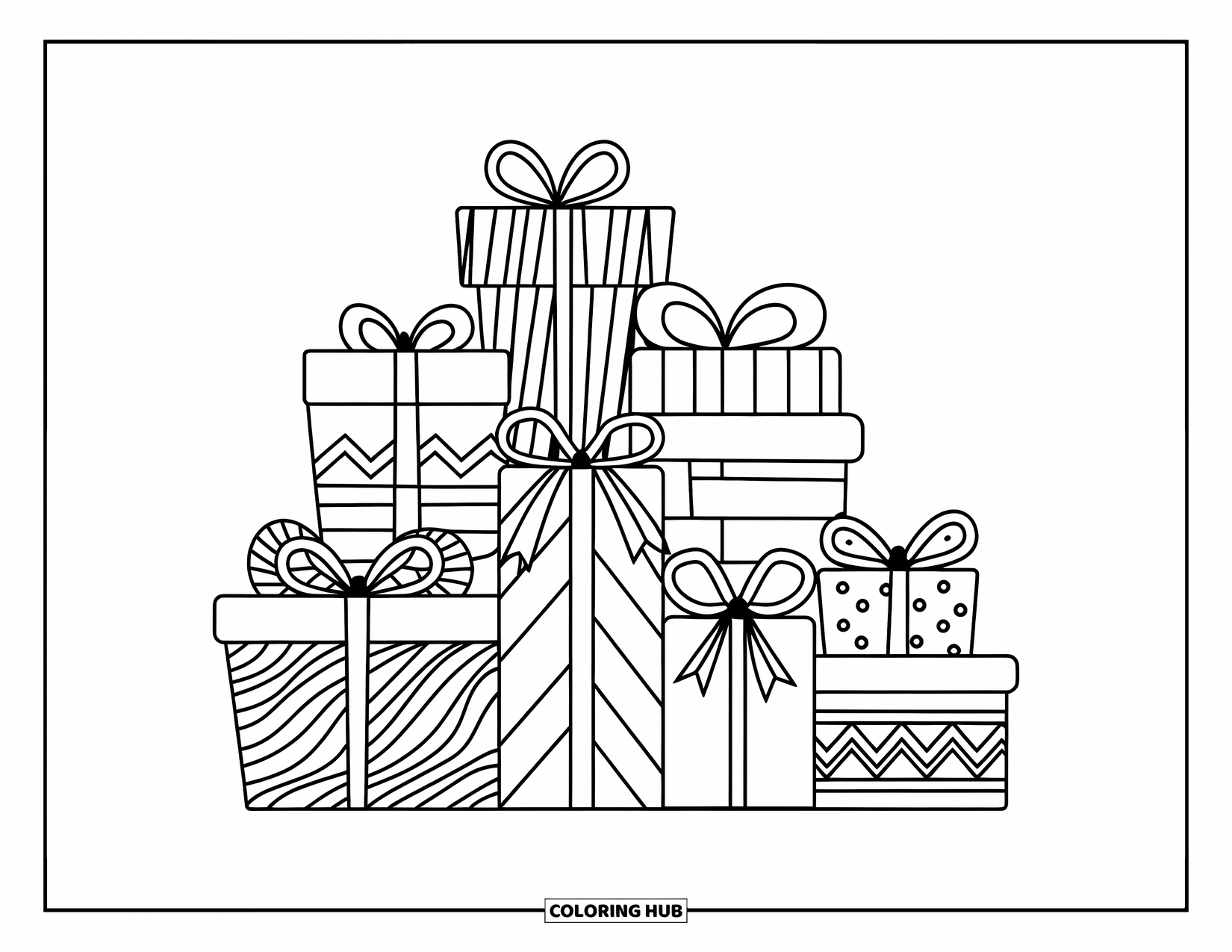 Winter Coloring Page for Kids: A stack of wrapped winter gifts, each decorated with unique bows and festive patterns
