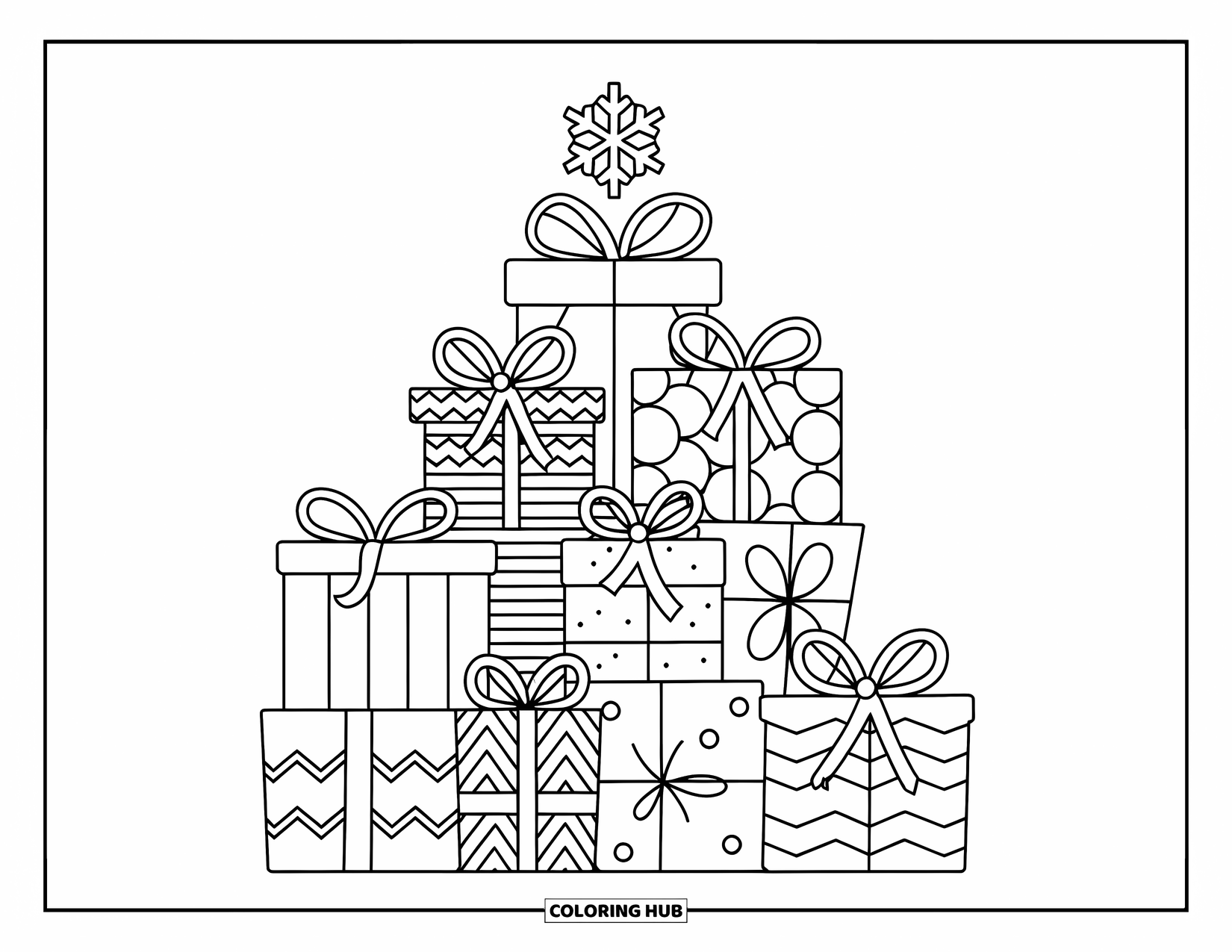 Winter Coloring Page for Kids: A stack of wrapped winter gifts, each with unique bows and patterns, topped with a snowflake