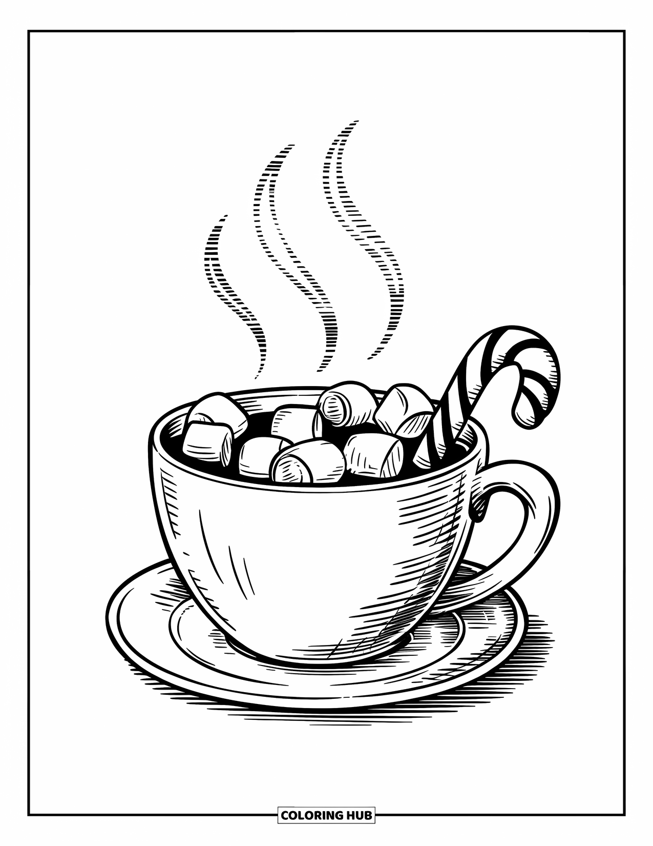 Winter Coloring Page for Kids: A steaming cup of hot cocoa topped with marshmallows, with swirls of steam rising above