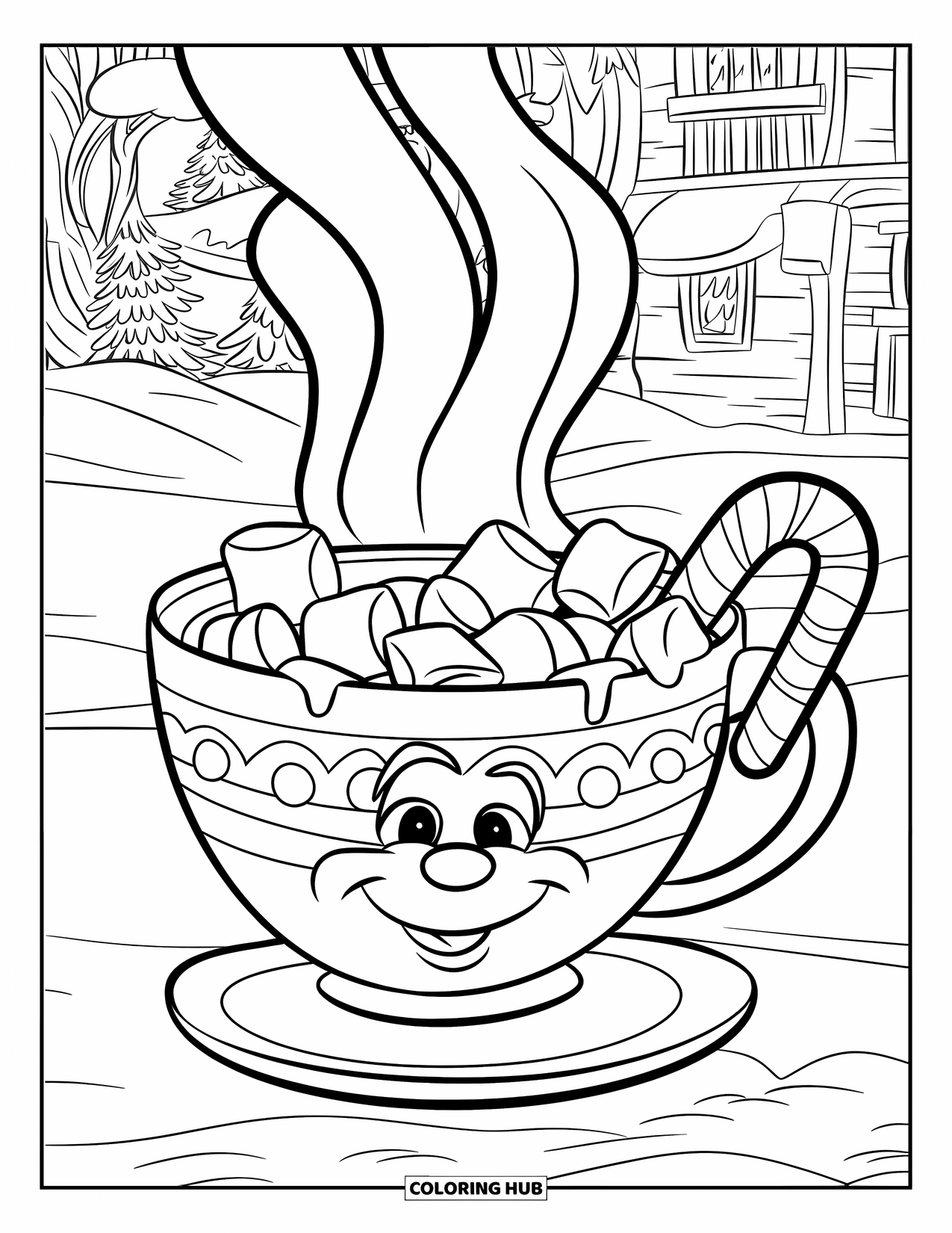 Winter Coloring Page for Kids: A steaming cup of hot cocoa with marshmallows and a candy cane, held by a cheerful character