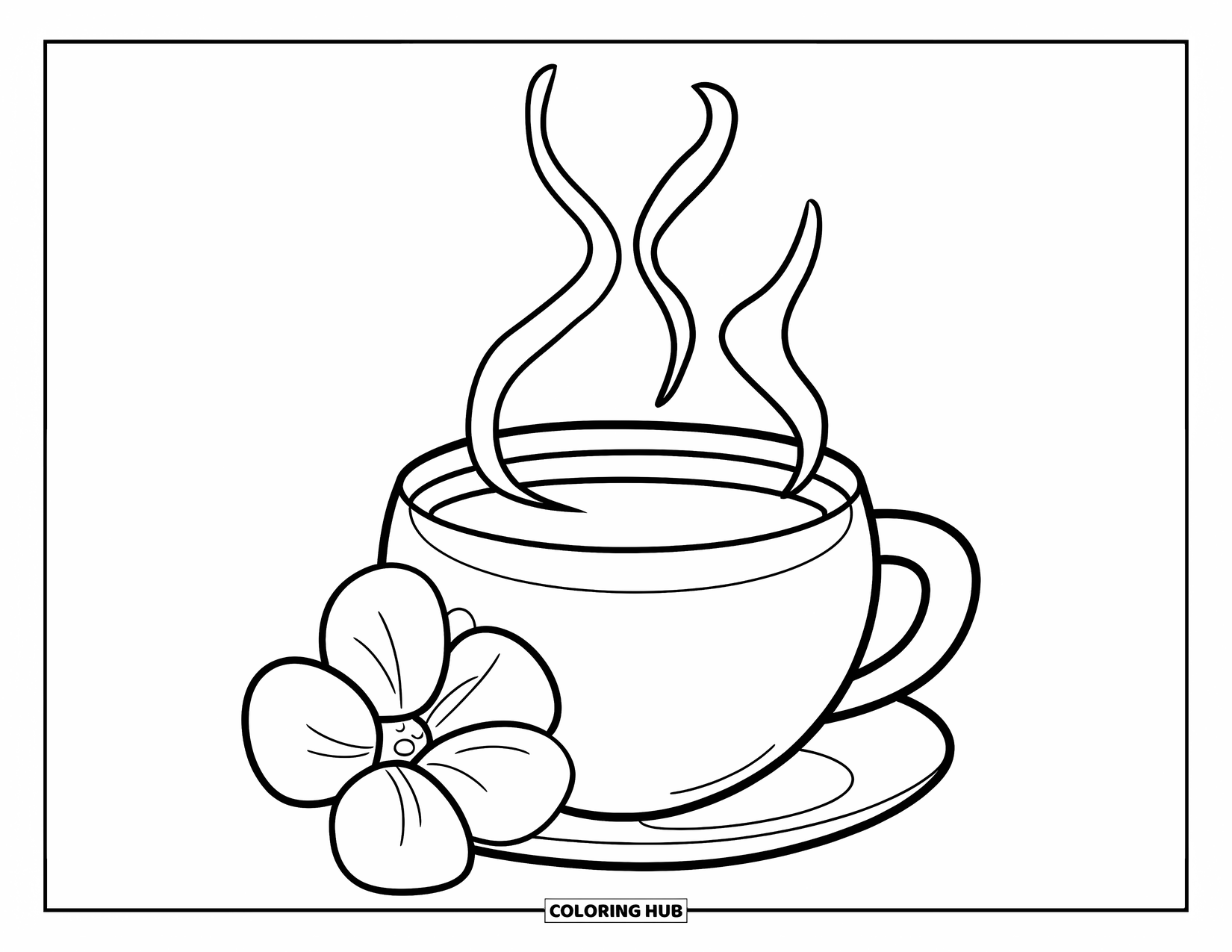 Winter Coloring Page for Kids: A steaming mug of tea with gentle swirls, placed next to a single resting flower